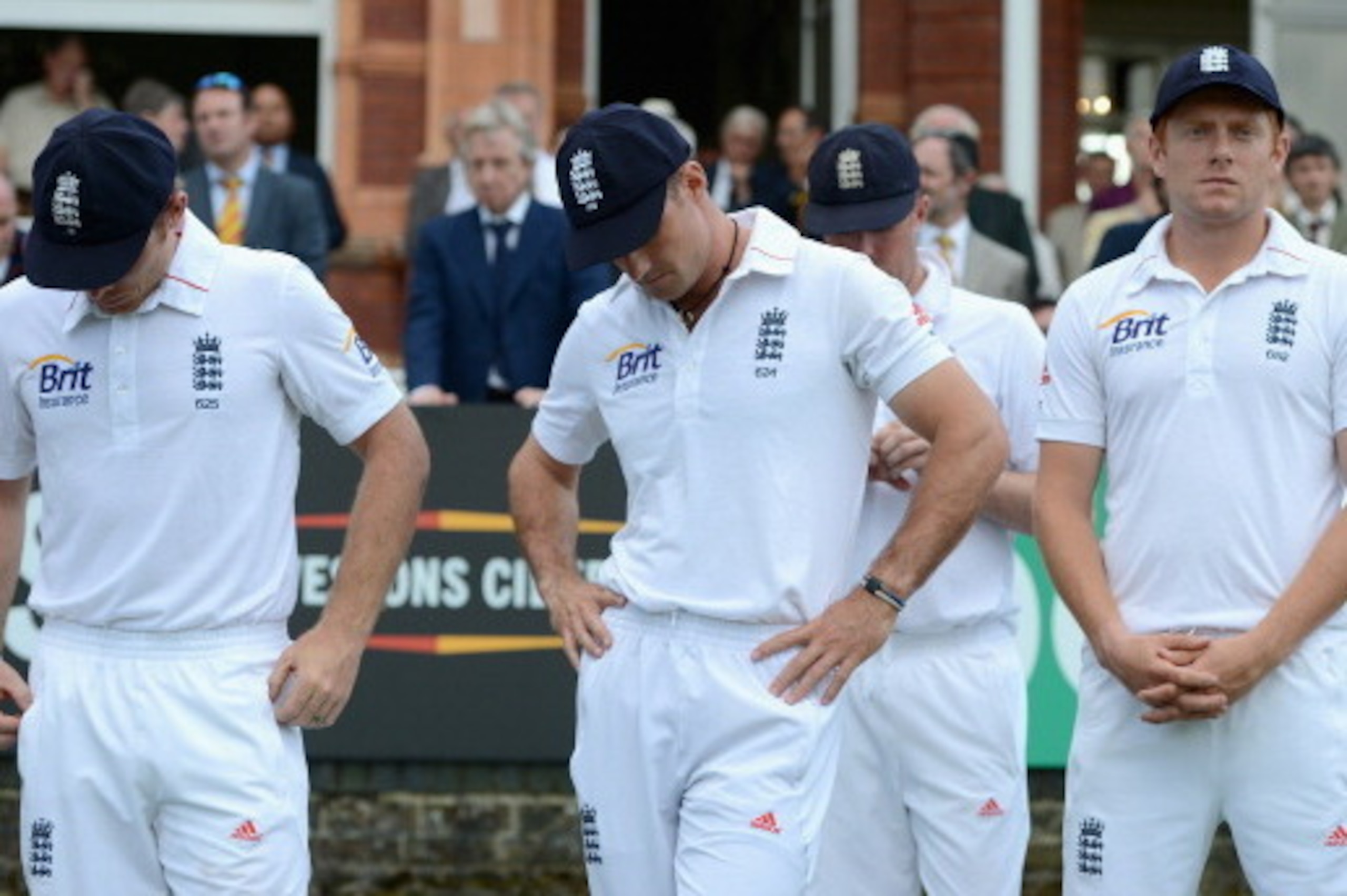 LONDON, ENGLAND - AUGUST 20:  England captain Andrew Strauss waits with Ian Bell and Jonathan Bairstow for the presentations after losing the 3rd Investec Test match between England and South Africa at Lord's Cricket Ground on August 20, 2012 in London, E
