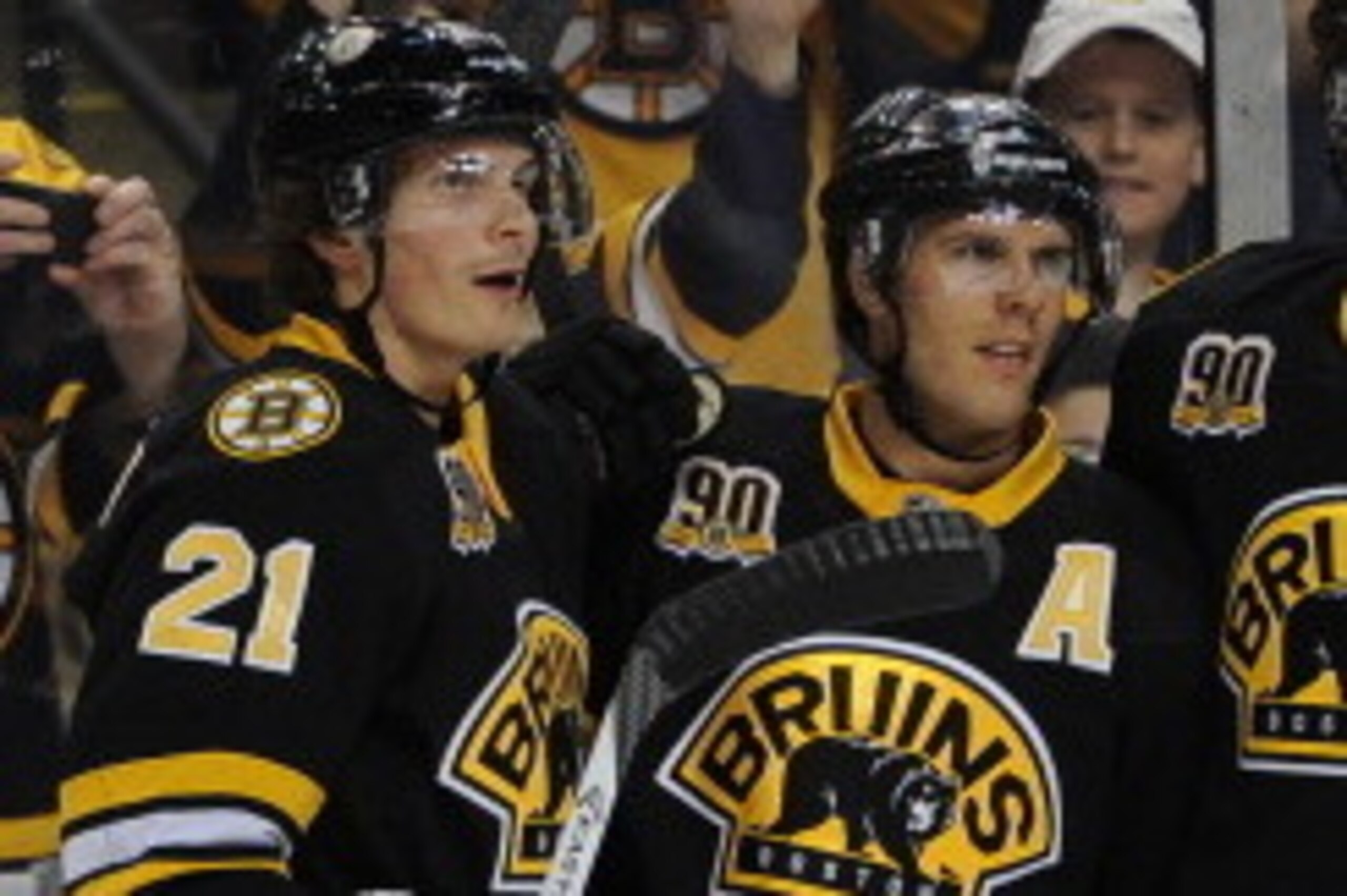 BOSTON, MA - APRIL 5: Loui Eriksson #21, David Krejci #46 and Dougie Hamilton #27 of the Boston Bruins celebrate a goal against the Philadelphia Flyers at the TD Garden on April 5, 2014 in Boston, Massachusetts.  (Photo by Brian Babineau/NHLI via Getty Im