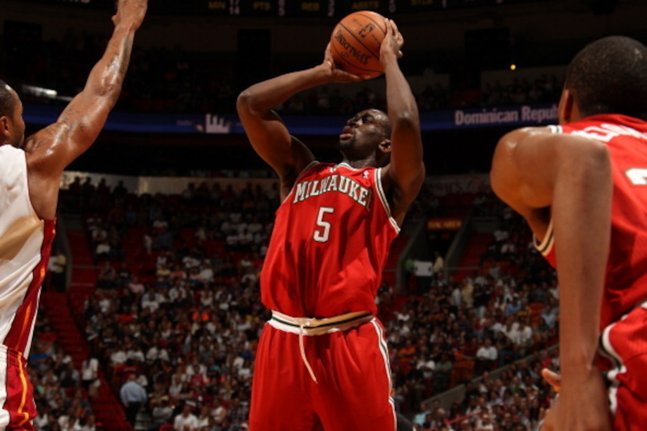 MIAMI, FL - NOVEMBER 12: Ekpe Udoh #5 of the Milwaukee Bucks shoots against the Miami Heat on November 12, 2013 at American Airlines Arena in Miami, Florida. NOTE TO USER: User expressly acknowledges and agrees that, by downloading and/or using this photo