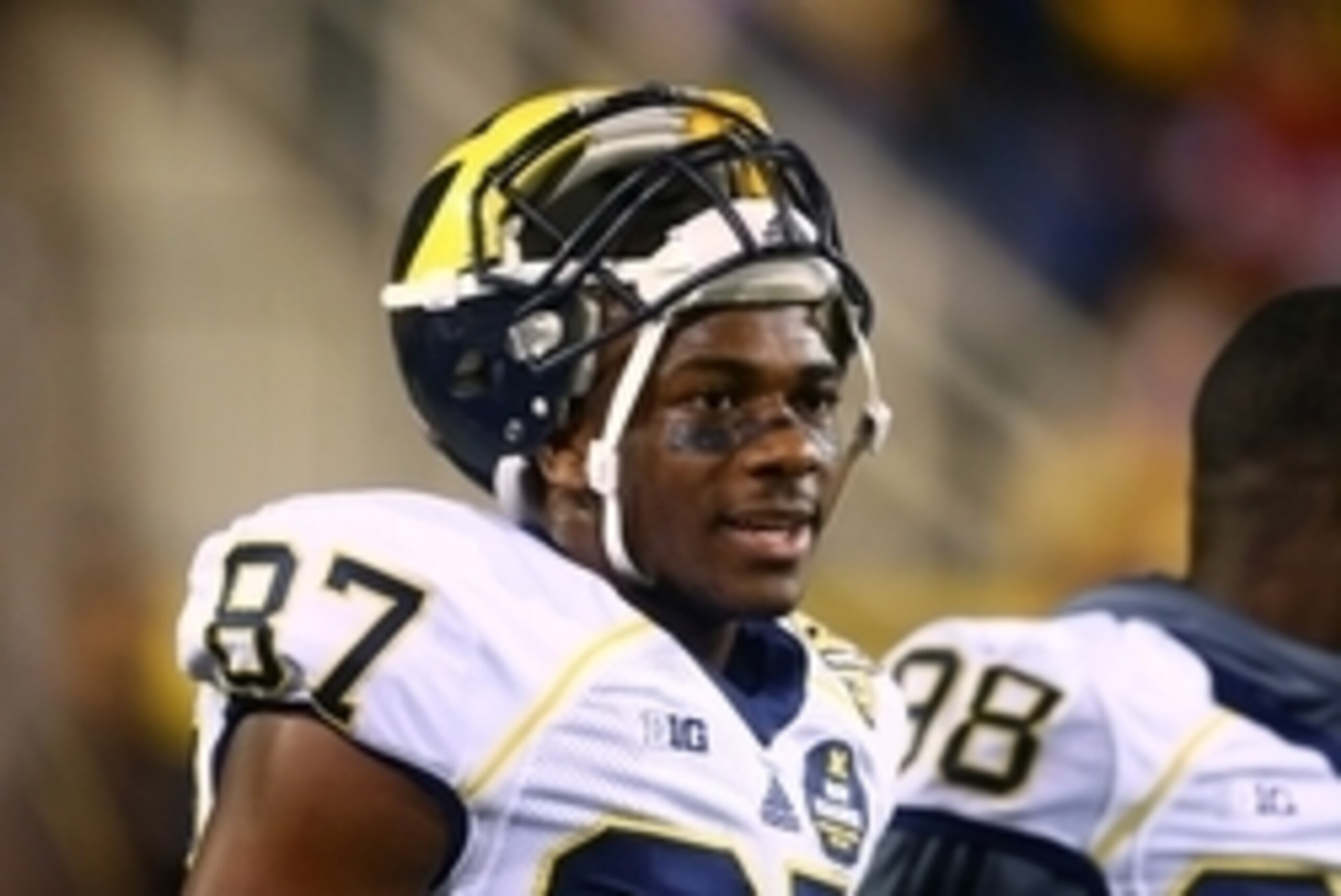 Dec 28, 2013; Tempe, AZ, USA; Michigan Wolverines tight end Devin Funchess (87) against the Kansas State Wildcats during the Buffalo Wild Wings Bowl at Sun Devil Stadium. Mandatory Credit: Mark J. Rebilas-USA TODAY Sports