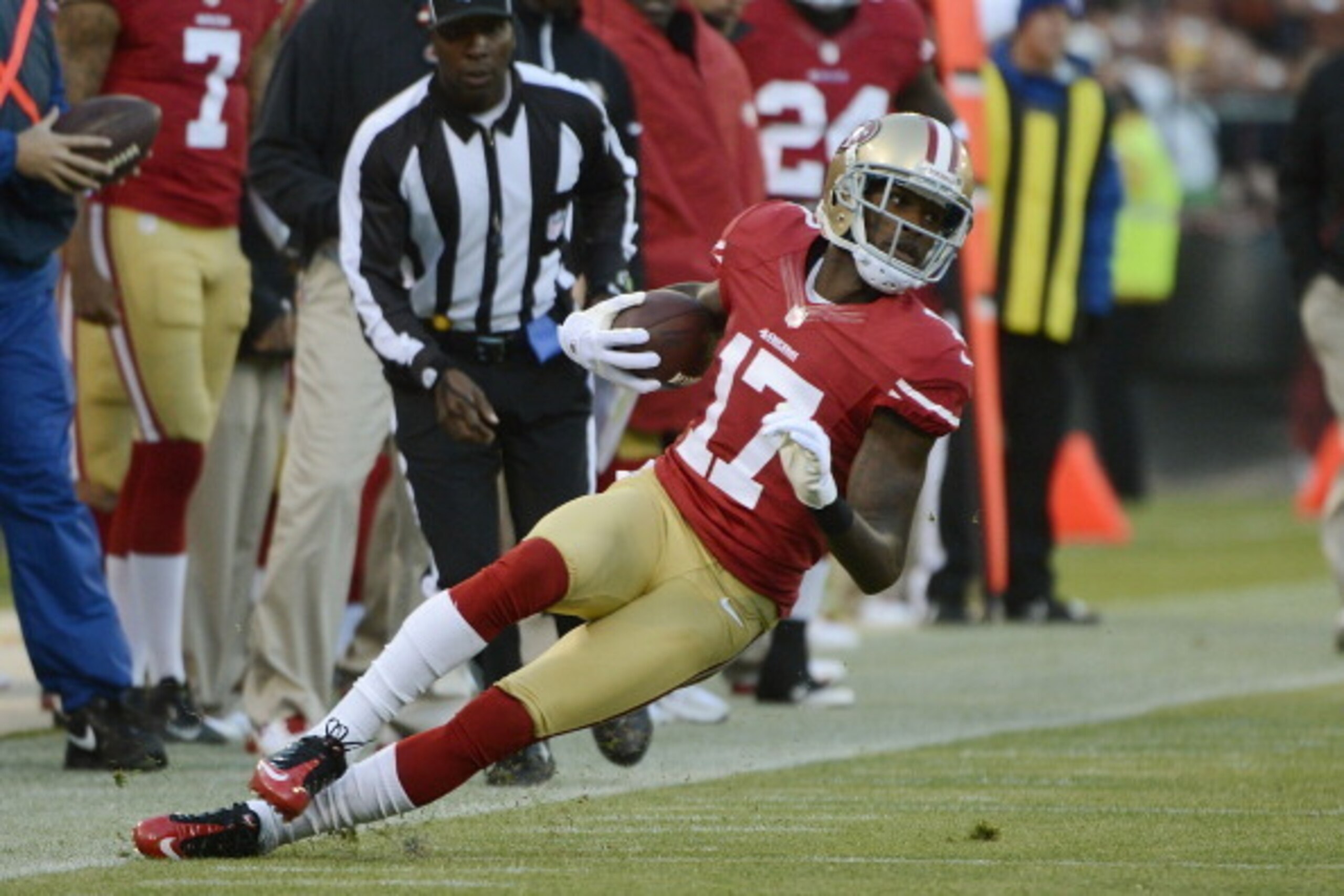 SAN FRANCISCO, CA - AUGUST 30:  A.J. Jenkins #17 of the San Francisco 49ers slips out of bounds on a reverse play against the San Diego Chargers in the first quarter of an NFL pre-season football game at Candlestick Park on August 30, 2012 in San Francisc