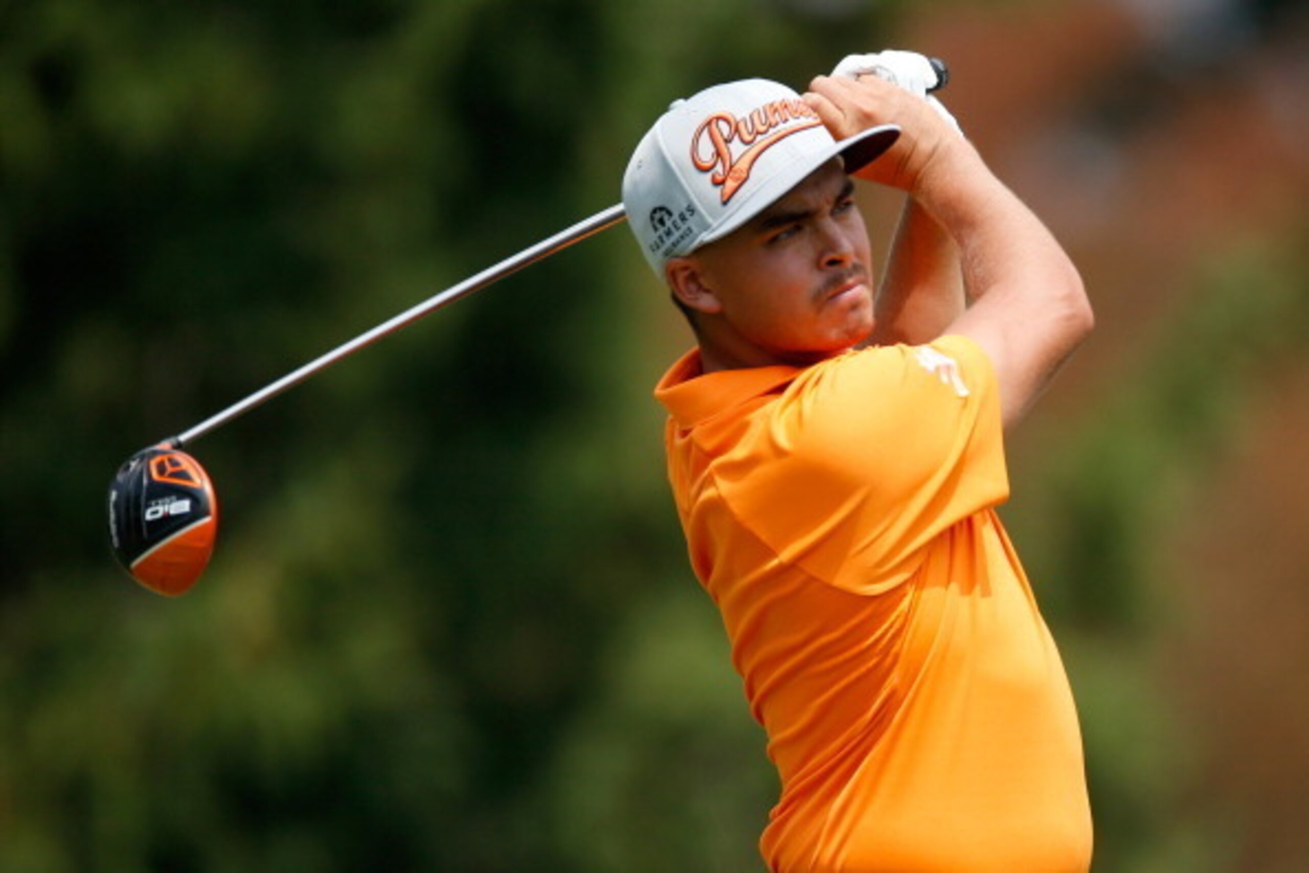 AKRON, OH - AUGUST 03:  Rickie Fowler hits off the fourth tee during the final round of the World Golf Championships-Bridgestone Invitational at Firestone Country Club South Course on August 3, 2014 in Akron, Ohio.  (Photo by Gregory Shamus/Getty Images)