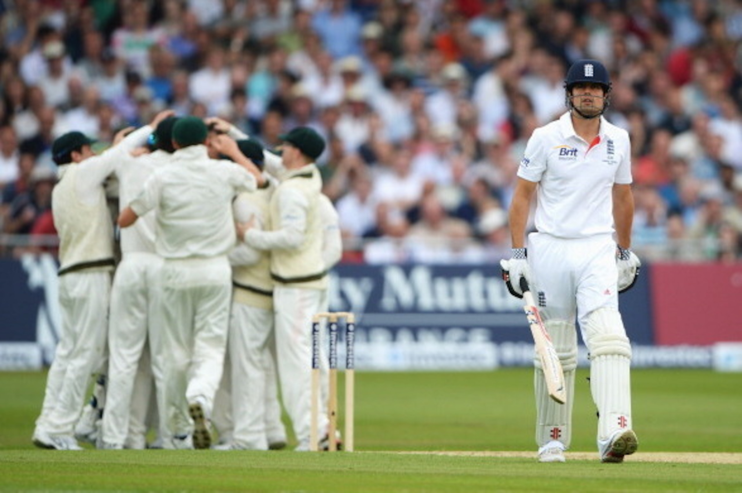 NOTTINGHAM, ENGLAND - JULY 10:  Alastair Cook of England walks back after being dismissed by James Pattinson of Australia during day one of the 1st Investec Ashes Test match between England and Australia at Trent Bridge Cricket Ground on July 10, 2013 in 