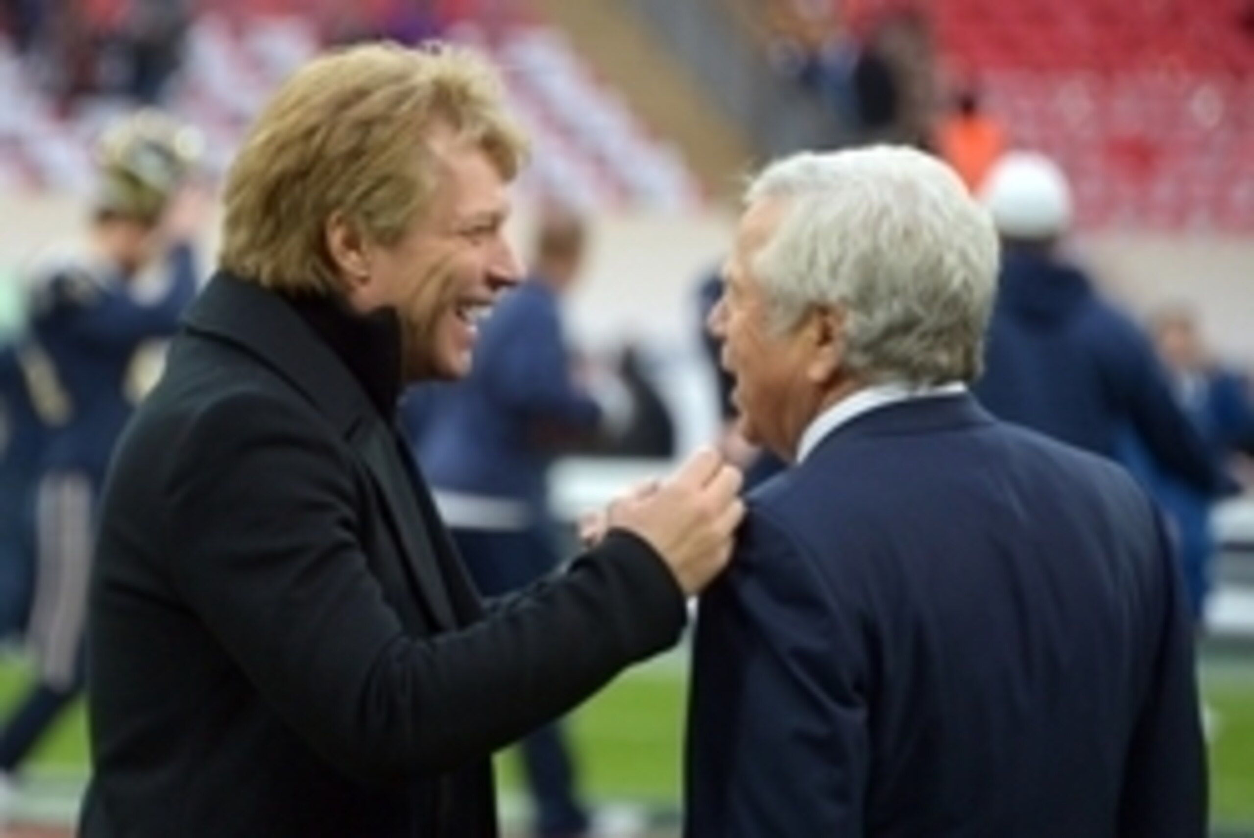 Oct 28,2012; London, UNITED KINGDOM; New England Patriots owner Robert Kraft (right) and recording artist Jon Bon Jovi before the 2012 NFL International Series game against the St. Louis Rams at Wembley Stadium. Mandatory Credit: Kirby Lee/Image of Sport-
