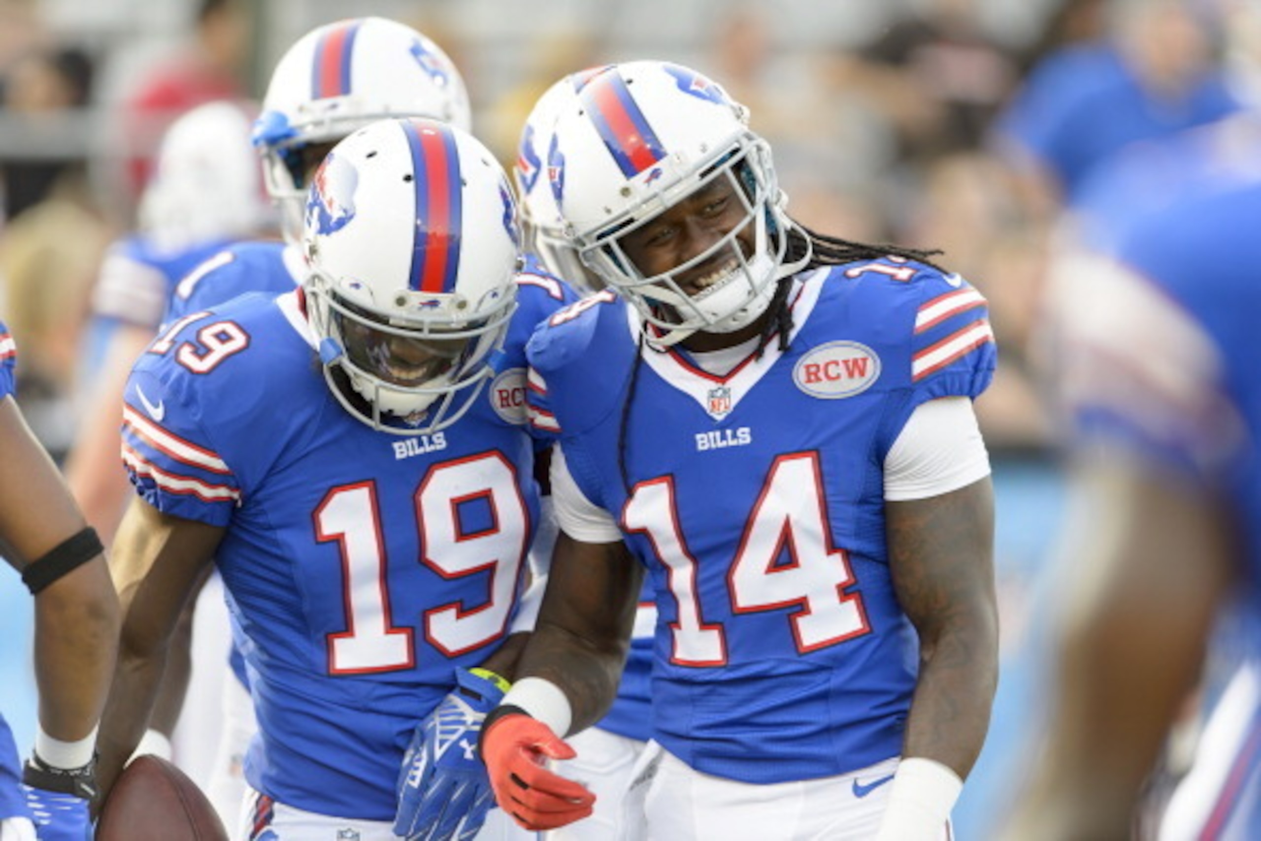 CANTON, OH - AUGUST 3: Wide receiver Mike Williams #19 and wide receiver Sammy Watkins #14 of the Buffalo Bills talks prior to the game against against the New York Giants at the 2014 NFL Hall of Fame Game at Fawcett Stadium on August 3, 2014 in Canton, O