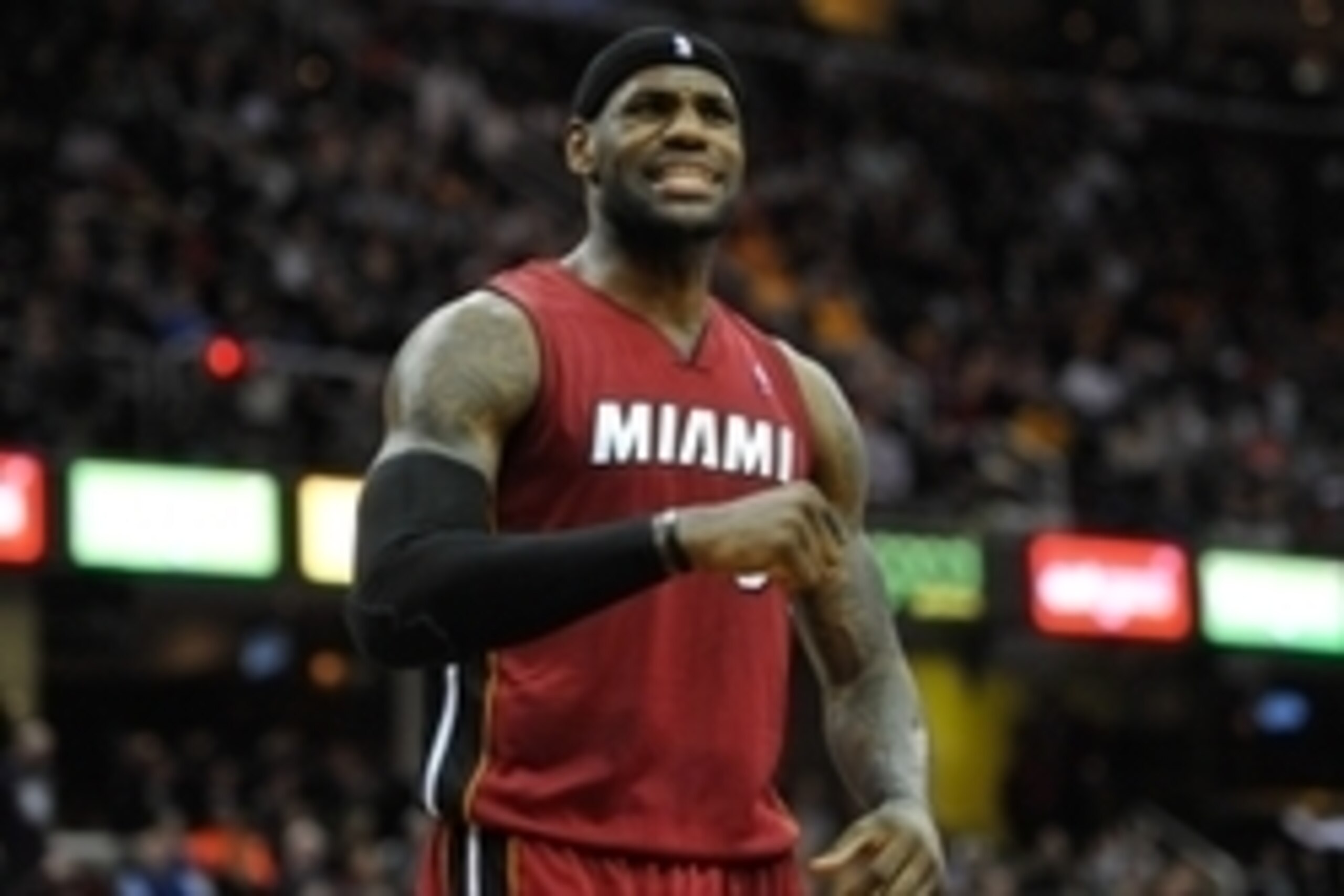 Mar 18, 2014; Cleveland, OH, USA; Miami Heat forward LeBron James (6) reacts against the Cleveland Cavaliers at Quicken Loans Arena. Miami won 100-96. Mandatory Credit: David Richard-USA TODAY Sports