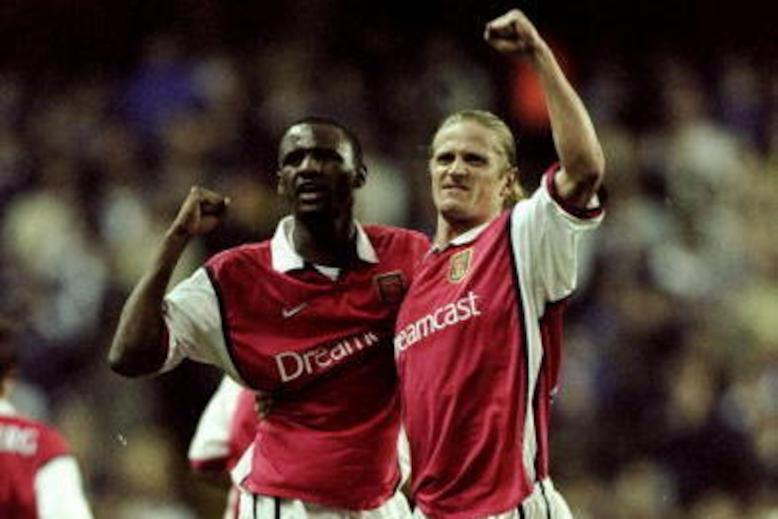 7 Nov 1999:  Arsenal's midfield men Patrick Vieira and Emmanuel Petit celebrate during the FA Carling Premiership match against Tottenham Hotspur at White Hart Lane in London. Spurs won 2-1. \ Mandatory Credit: Phil Cole /Allsport