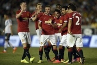 Jul 23, 2014; Pasadena, CA, USA; (Editors note: caption correction) Manchester United midfielder Reece James (41) celebrates after scoring a goal against the Los Angeles Galaxy during the second half at Rose Bowl. Manchester United defeated Los Angeles Ga