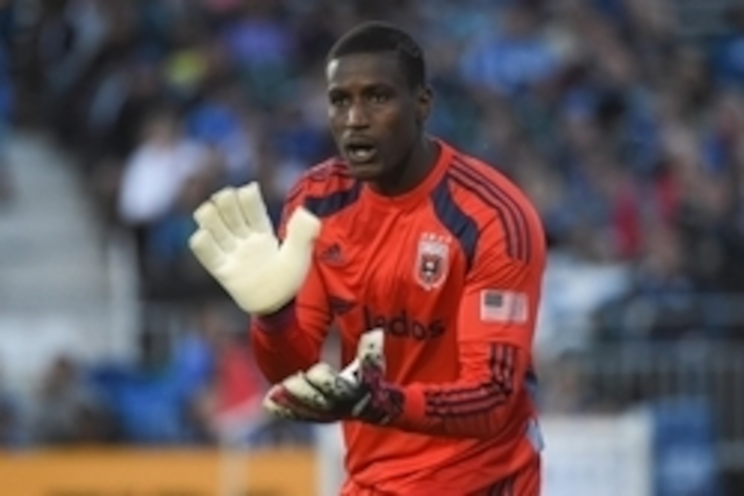 July 11, 2014; Santa Clara, CA, USA; D.C. United goalkeeper Bill Hamid (28) claps during the first half against the San Jose Earthquakes at Buck Shaw Stadium. D.C. United defeated San Jose Earthquakes 2-1. Mandatory Credit: Kyle Terada-USA TODAY Sports