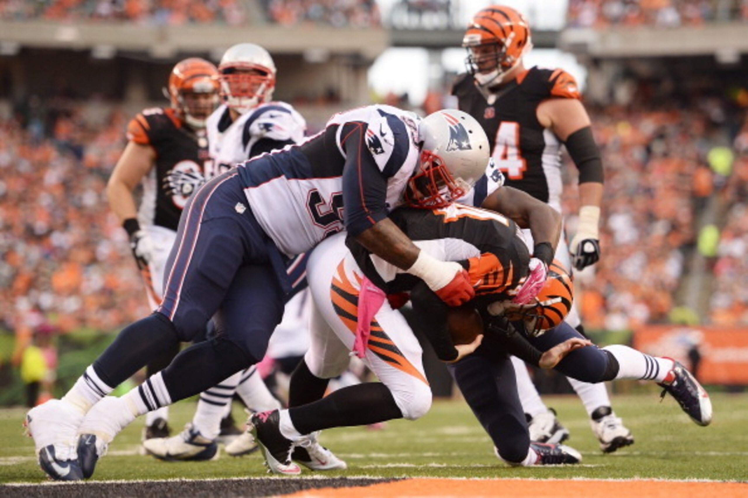 CINCINNATI, OH - OCTOBER 6:  Tommy Kelly #93 of the New England Patriots sacks quarterback Andy Dalton #14 of the Cincinnati Bengals on the two-yard line in the third quarter at Paul Brown Stadium on October 6, 2013 in Cincinnati, Ohio. Cincinnati defeate