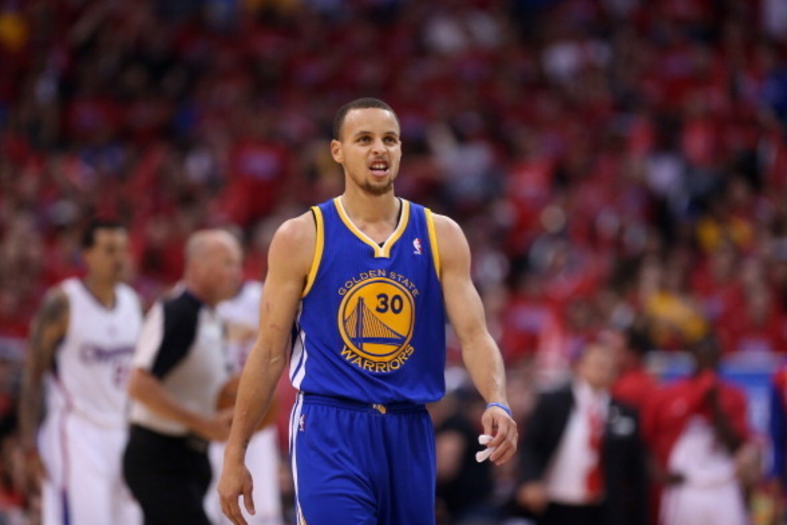 LOS ANGELES, CA - MAY 03:  Stephen Curry #30 of the Golden State Warriors walks on the court against the Los Angeles Clippers in Game Seven of the Western Conference Quarterfinals during the 2014 NBA Playoffs at Staples Center on May 3, 2014 in Los Angele