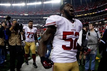 ATLANTA, GA - JANUARY 20:  Linebacker Patrick Willis #52 of the San Francisco 49ers celebrates after the 49ers defeated the Atlanta Falcons 28-24 in the NFC Championship game at the Georgia Dome on January 20, 2013 in Atlanta, Georgia.  (Photo by Chris Gr