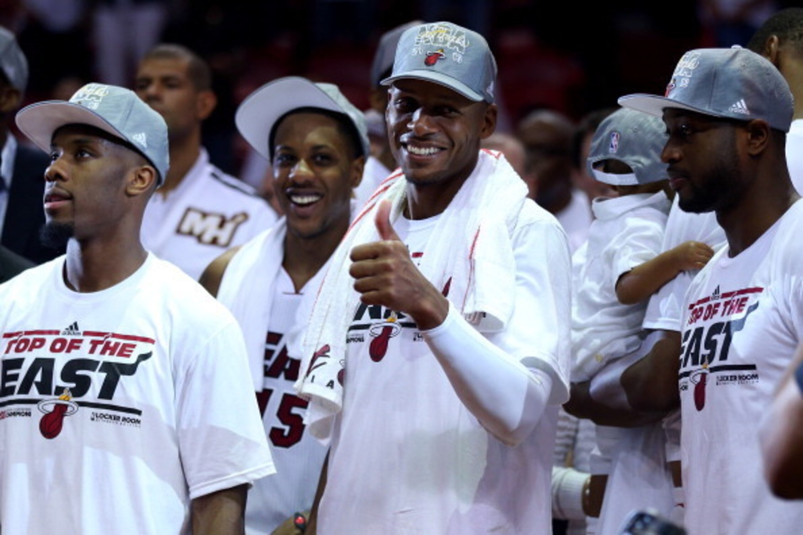 MIAMI, FL - JUNE 03: (L-R) Norris Cole #30, Mario Chalmers #15, Ray Allen #34 and Dwyane Wade #3 of the Miami Heat smile after they won 99-76 against the Indiana Pacers during Game Seven of the Eastern Conference Finals of the 2013 NBA Playoffs at Americ MIAMI, FL - JUNE 03: (L-R) Norris Cole #30, Mario Chalmers #15, Ray Allen #34 and Dwyane Wade #3 of the Miami Heat smile after they won 99-76 against the Indiana Pacers during Game Seven of the Eastern Conference Finals of the 2013 NBA Playoffs at Americ