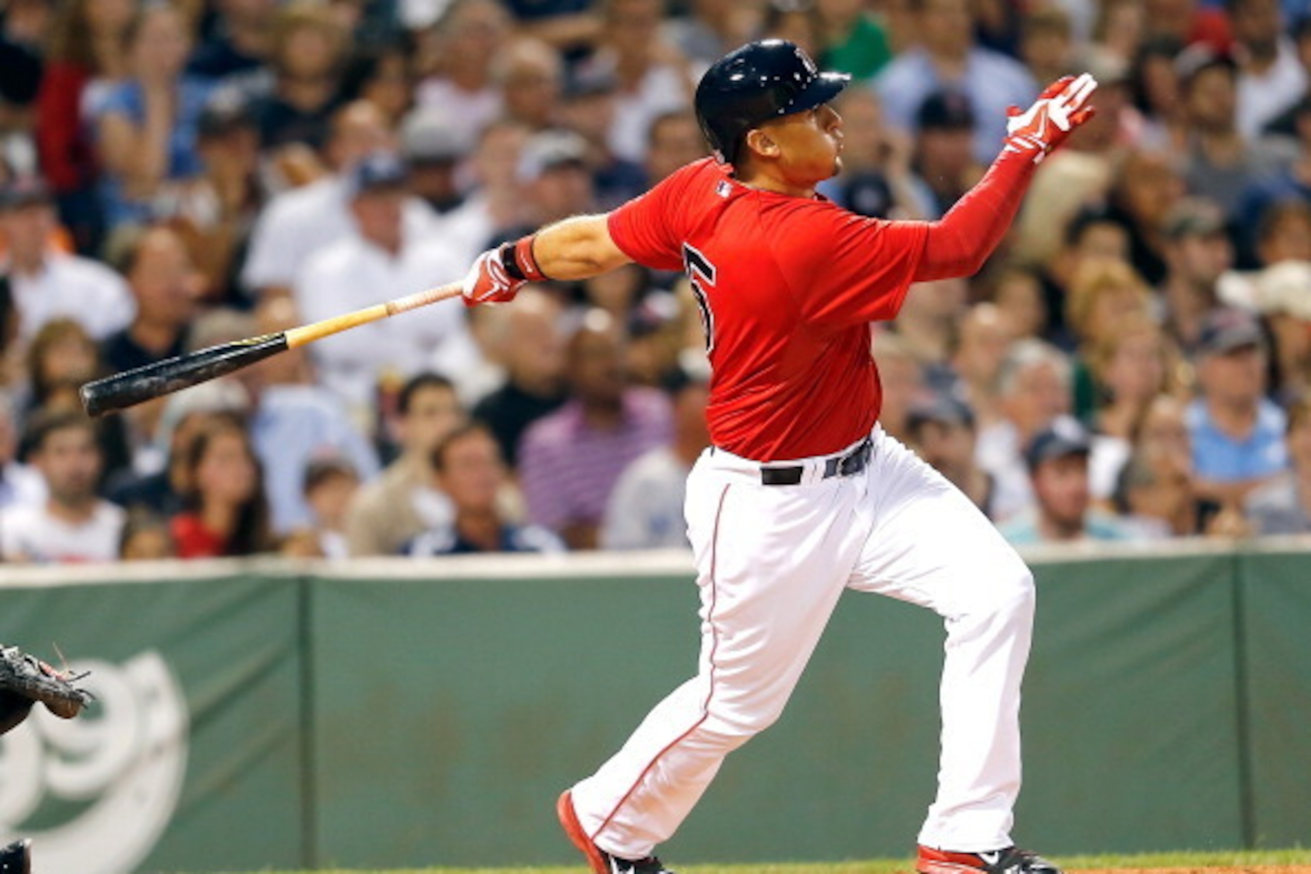 BOSTON, MA - AUGUST 1:  Allen Craig of the Boston Red Sox doubles in the third inning against the New York Yankees at Fenway Park on August 1, 2014 in Boston, Massachusetts. (Photo by Jim Rogash/Getty Images)