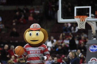 COLUMBUS, OH - JANUARY 4:  Ohio State Mascot Brutus the Buckeye goofs around with a basketball prior to the start of the game against the Nebraska Cornhuskers on January 4, 20114 at Value City Arena in Columbus, Ohio.  Ohio State won by a final score of 8