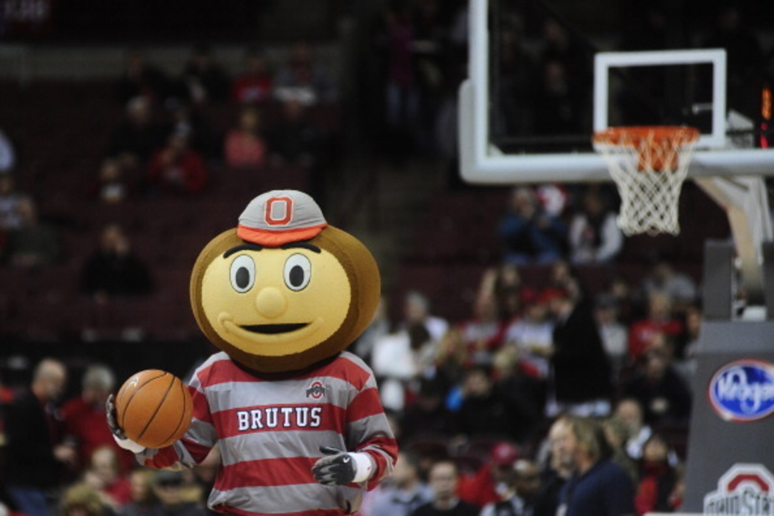 COLUMBUS, OH - JANUARY 4:  Ohio State Mascot Brutus the Buckeye goofs around with a basketball prior to the start of the game against the Nebraska Cornhuskers on January 4, 20114 at Value City Arena in Columbus, Ohio.  Ohio State won by a final score of 8
