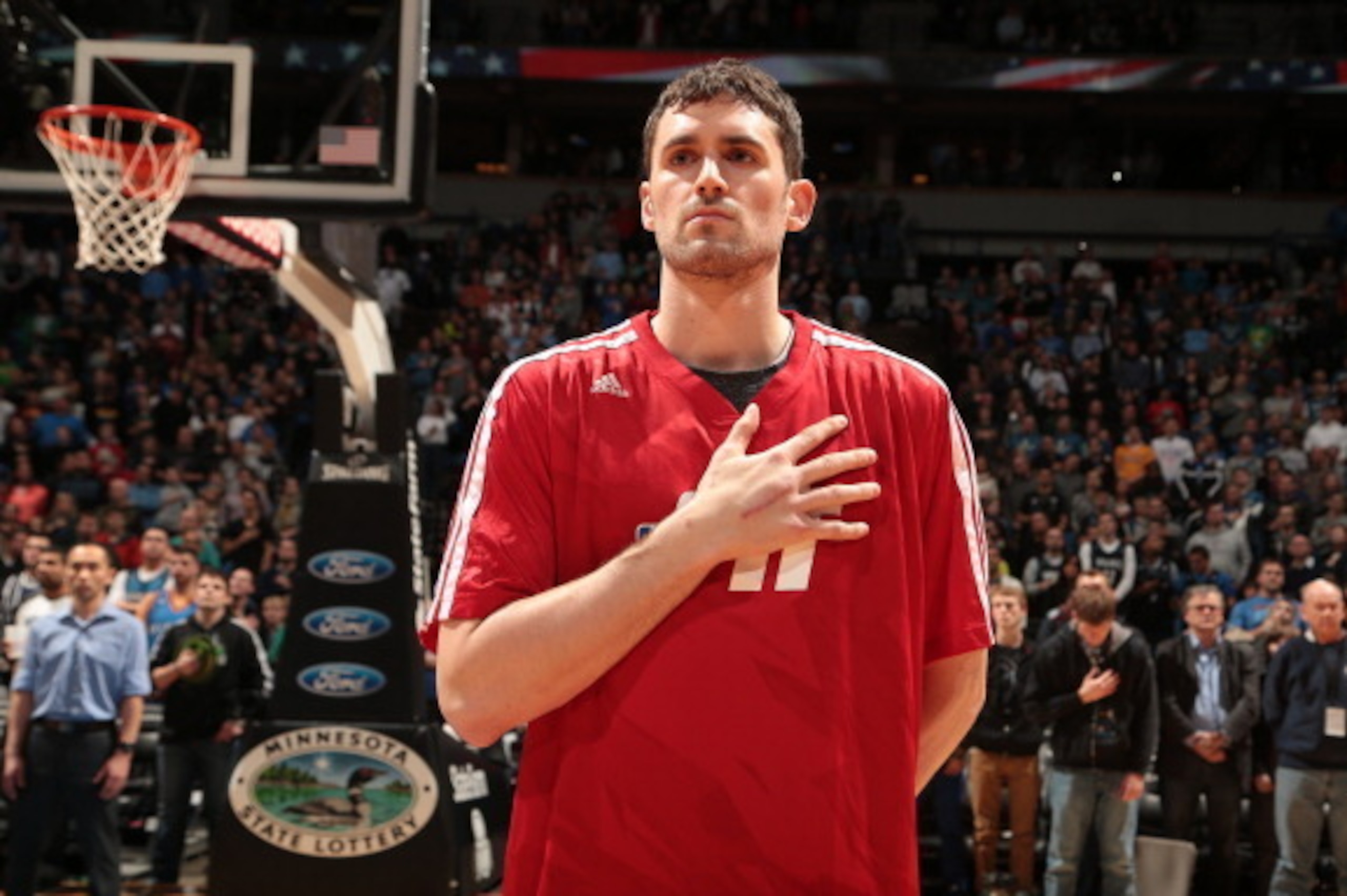 MINNEAPOLIS, MN - JANUARY 4:  Kevin Love #42 of the Minnesota Timberwolves looks on against the Oklahoma City Thunder during the game on January 4, 2014 at Target Center in Minneapolis, Minnesota. NOTE TO USER: User expressly acknowledges and agrees that,
