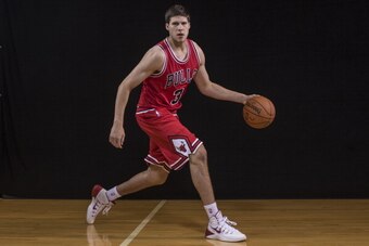 TARRYTOWN, NY - AUGUST 03: Doug McDermott #3 of the Chicago Bulls poses for a portrait during the 2014 NBA rookie photo shoot at MSG Training Center on August 3, 2014 in Tarrytown, New York. NOTE TO USER: User expressly acknowledges and agrees that, by do