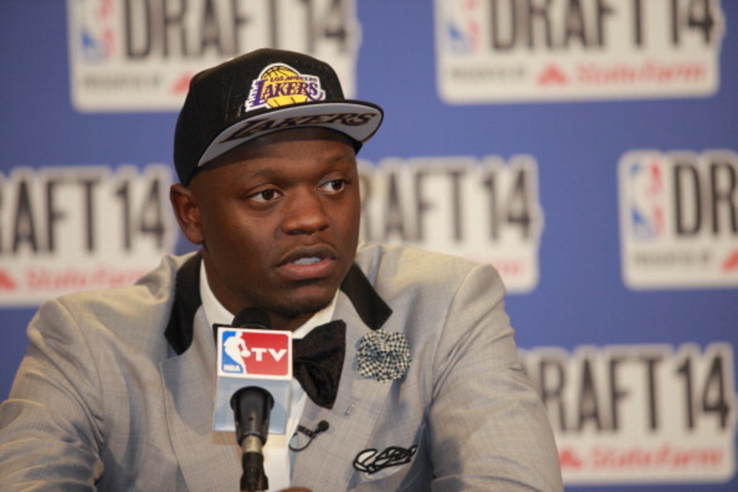 NEW YORK - JUNE 26: Julius Randle addresses the media after being selected 7th overall by the Los Angeles Lakers during the 2014 NBA Draft on June 26, 2014 at the Barclays Center in Brooklyn, New York. NOTE TO USER: User expressly acknowledges and agrees 