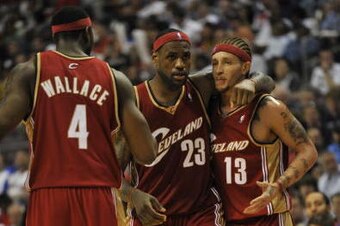 AUBURN HILLS, MI - APRIL 26:  LeBron James #23, Ben Wallace #4 and Delonte West #13 of the Cleveland Cavaliers during a game against the Detroit Pistons in Game Four of the Eastern Conference Quarterfinals during the 2009 NBA Playoffs at the Palace of Aub