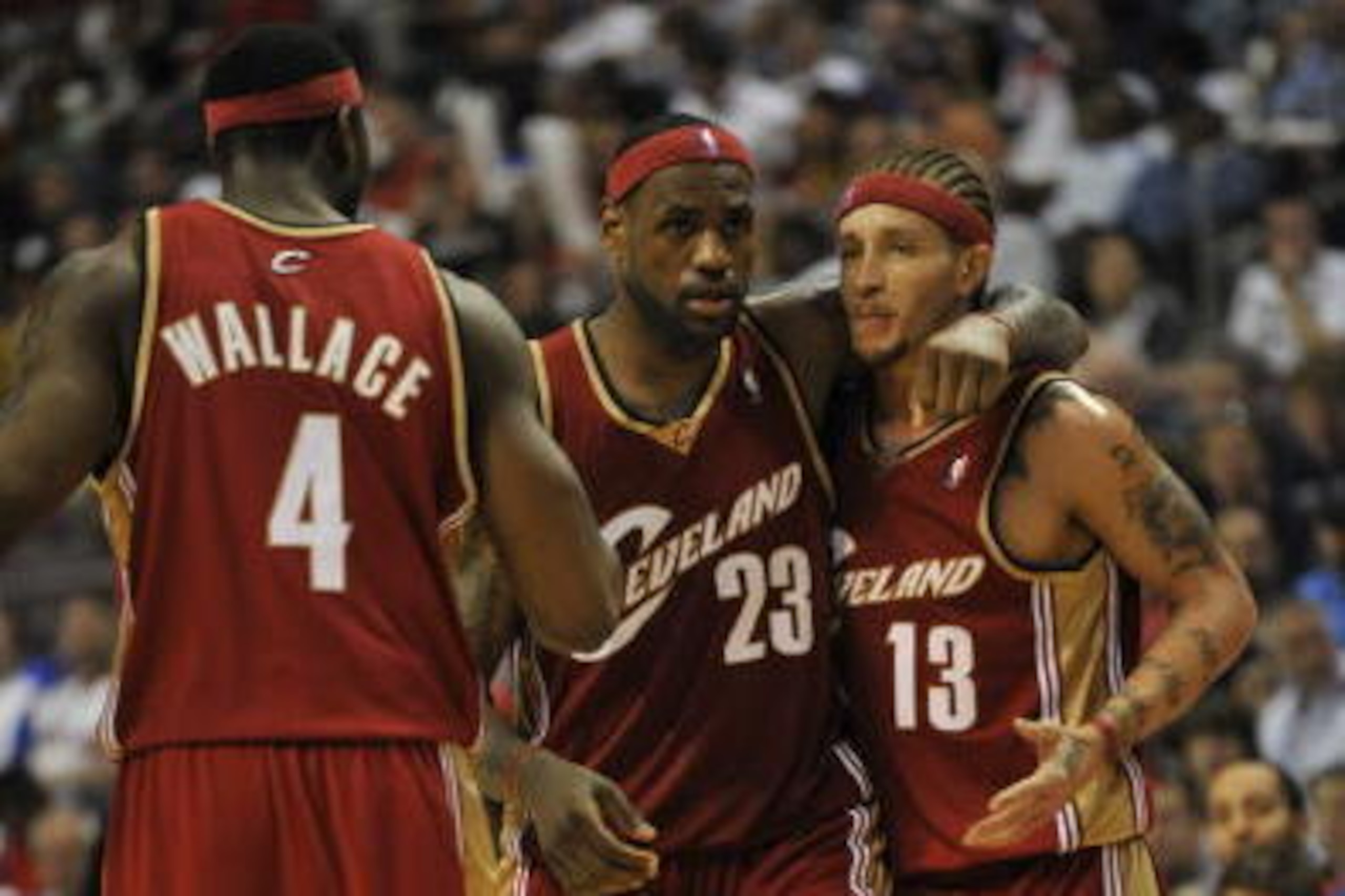 AUBURN HILLS, MI - APRIL 26:  LeBron James #23, Ben Wallace #4 and Delonte West #13 of the Cleveland Cavaliers during a game against the Detroit Pistons in Game Four of the Eastern Conference Quarterfinals during the 2009 NBA Playoffs at the Palace of Aub