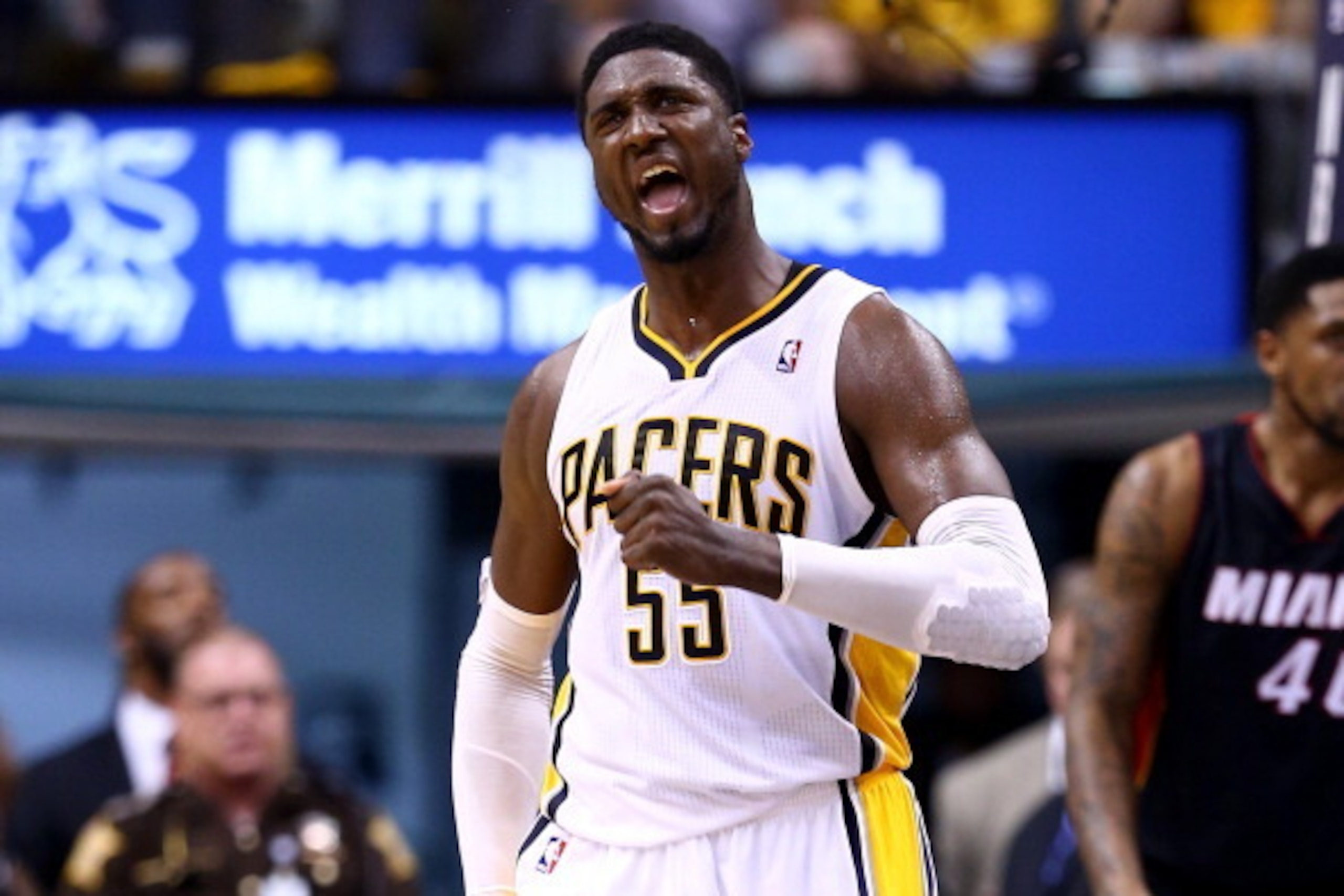 INDIANAPOLIS, IN - MAY 28: Roy Hibbert #55 of the Indiana Pacers reacts against the Miami Heat during Game Five of the Eastern Conference Finals of the 2014 NBA Playoffs at Bankers Life Fieldhouse on May 28, 2014 in Indianapolis, Indiana. NOTE TO USER: U INDIANAPOLIS, IN - MAY 28: Roy Hibbert #55 of the Indiana Pacers reacts against the Miami Heat during Game Five of the Eastern Conference Finals of the 2014 NBA Playoffs at Bankers Life Fieldhouse on May 28, 2014 in Indianapolis, Indiana. NOTE TO USER: U