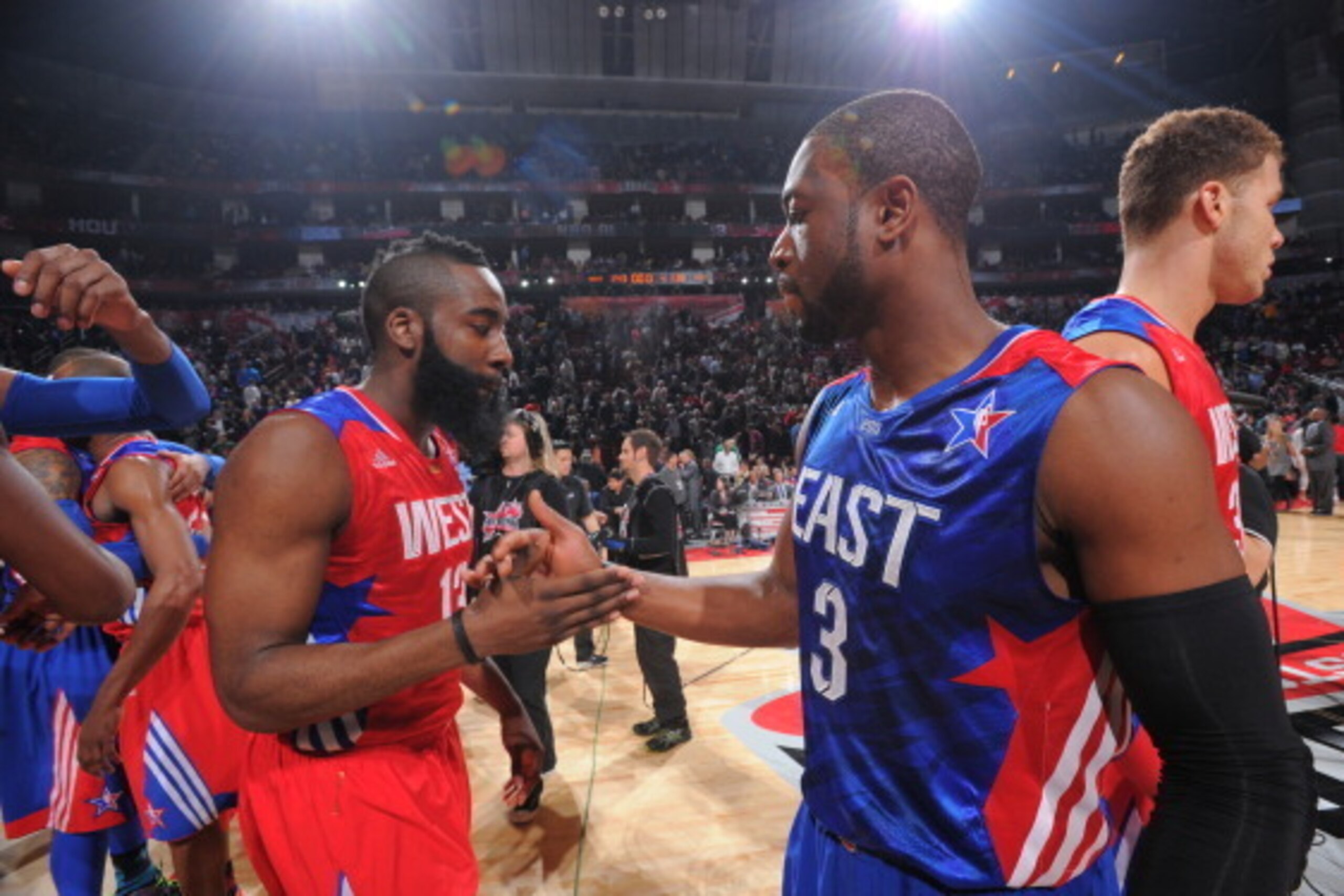 HOUSTON, TX - FEBRUARY 17: James Harden #13 of the Western Conference All-Stars shakes hands with Dwyane Wade #3 of the Eastern Conference All-Stars after the 2013 NBA All-Star Game on February 17, 2013 at Toyota Center in Houston, Texas. NOTE TO USER: Us