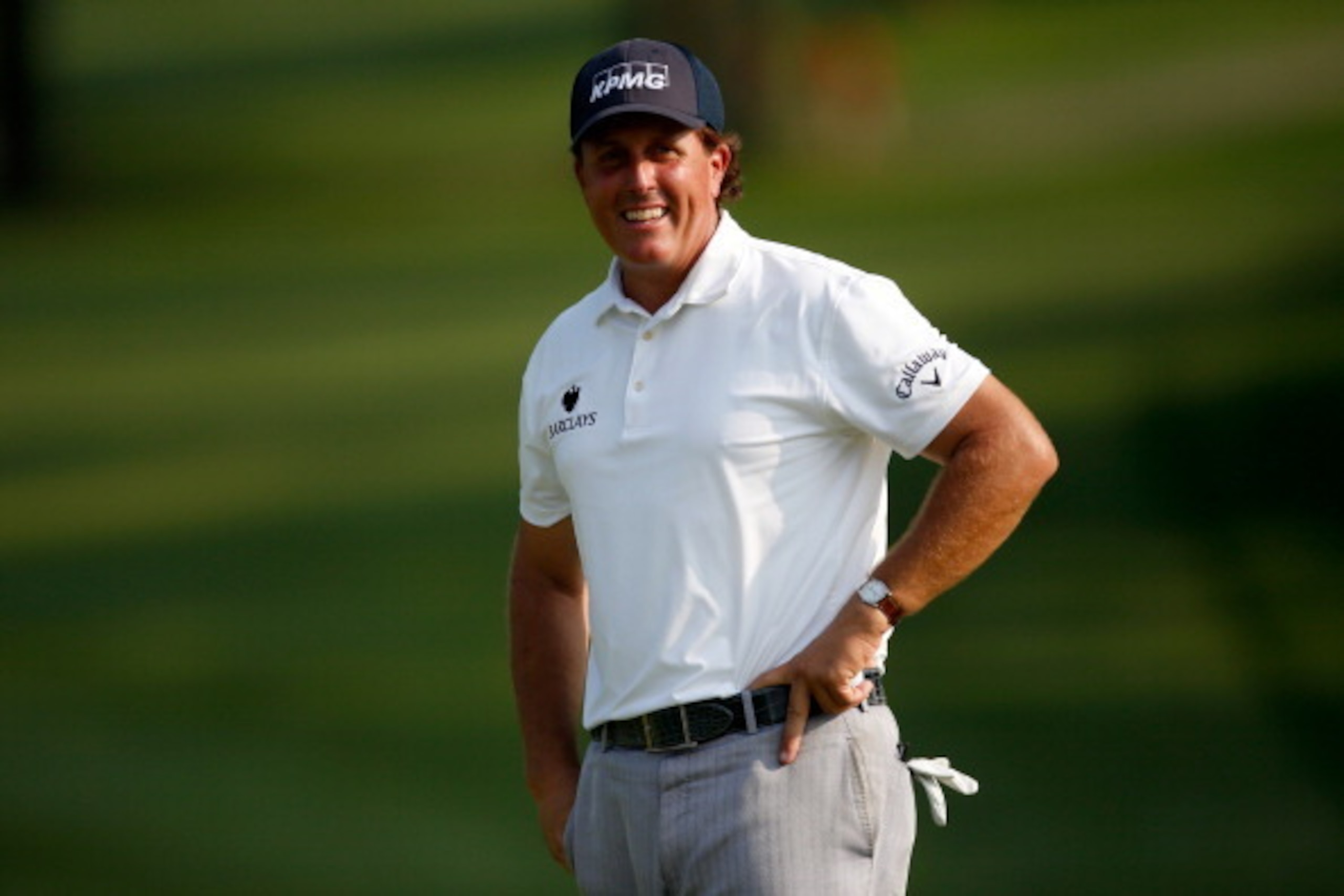 AKRON, OH - AUGUST 01: Phil Mickelson smiles on the 18th green during the second round of the World Golf Championships-Bridgestone Invitational at Firestone Country Club South Course on August 1, 2014 in Akron, Ohio. (Photo by Gregory Shamus/Getty Images AKRON, OH - AUGUST 01: Phil Mickelson smiles on the 18th green during the second round of the World Golf Championships-Bridgestone Invitational at Firestone Country Club South Course on August 1, 2014 in Akron, Ohio. (Photo by Gregory Shamus/Getty Images