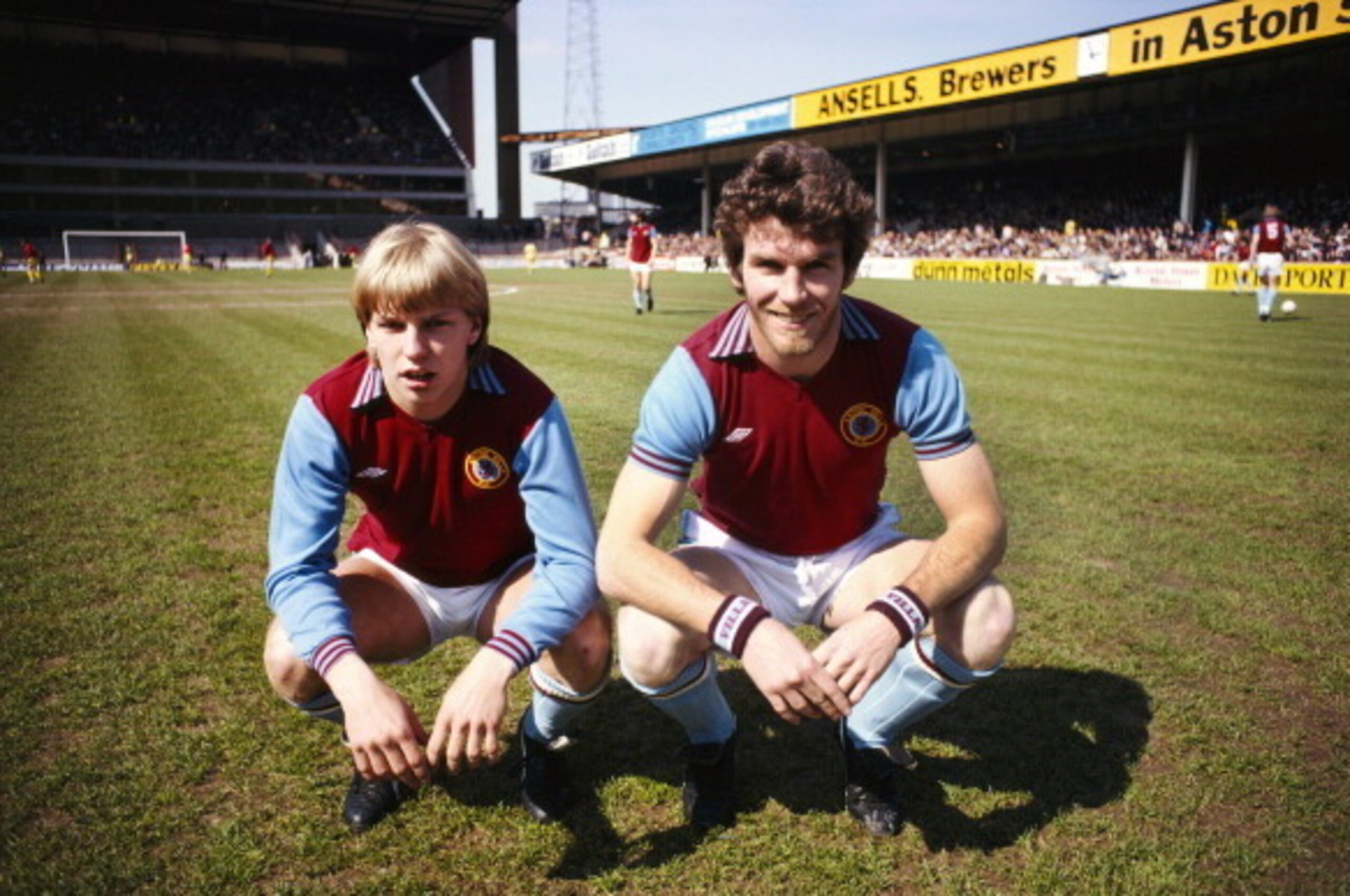 BIRMINGHAM, UNITED KINGDOM - APRIL 18: Aston Villa striking partnership Gary Shaw (l) and Peter Withe look on before a Division One game between Aston Villa and Nottingham Forest at Villa Park, on April 18, 1981 in Birmingham, England. (Photo by Allsport/