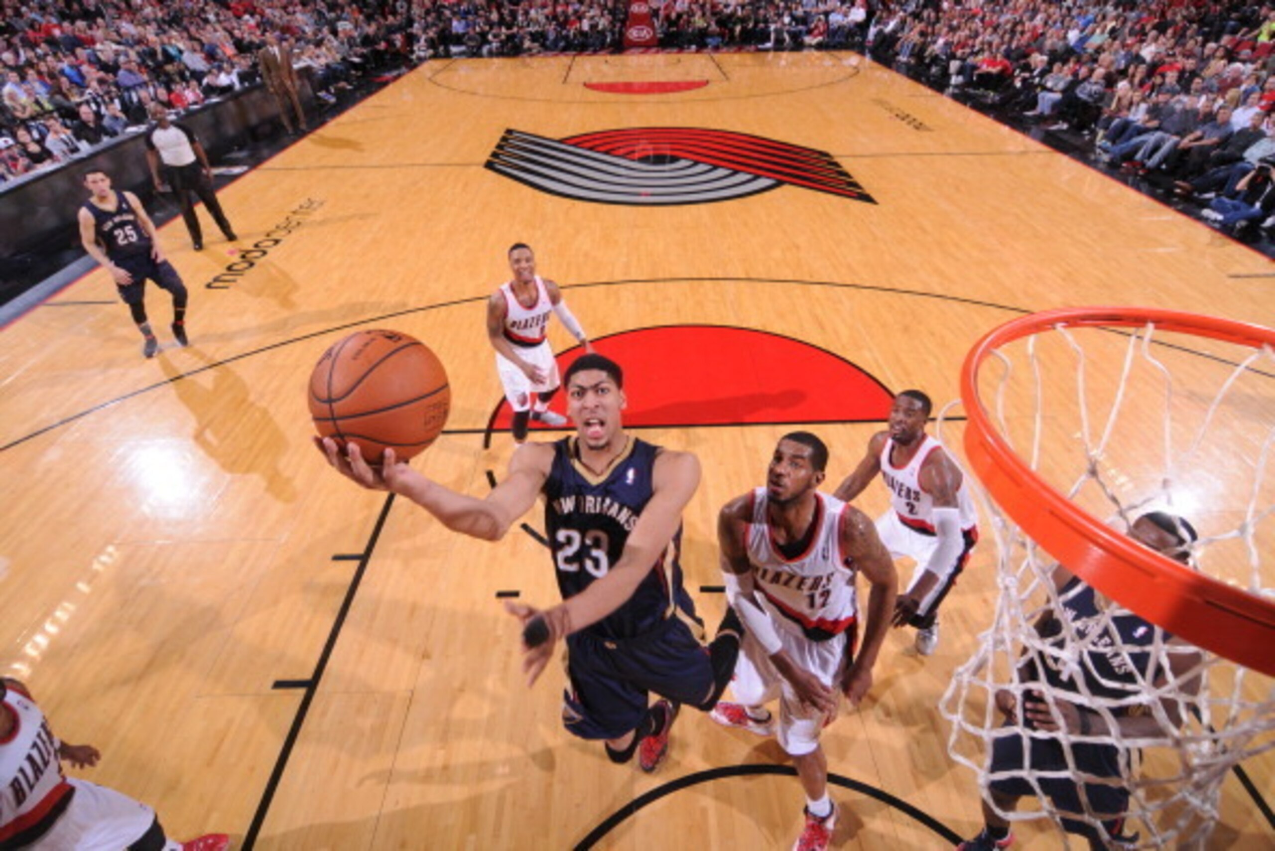 PORTLAND, OR - APRIL 6: Anthony Davis #23 of the New Orleans Pelicans shoots against the Portland Trail Blazers on April 6, 2014 at the Moda Center Arena in Portland, Oregon. NOTE TO USER: User expressly acknowledges and agrees that, by downloading and or