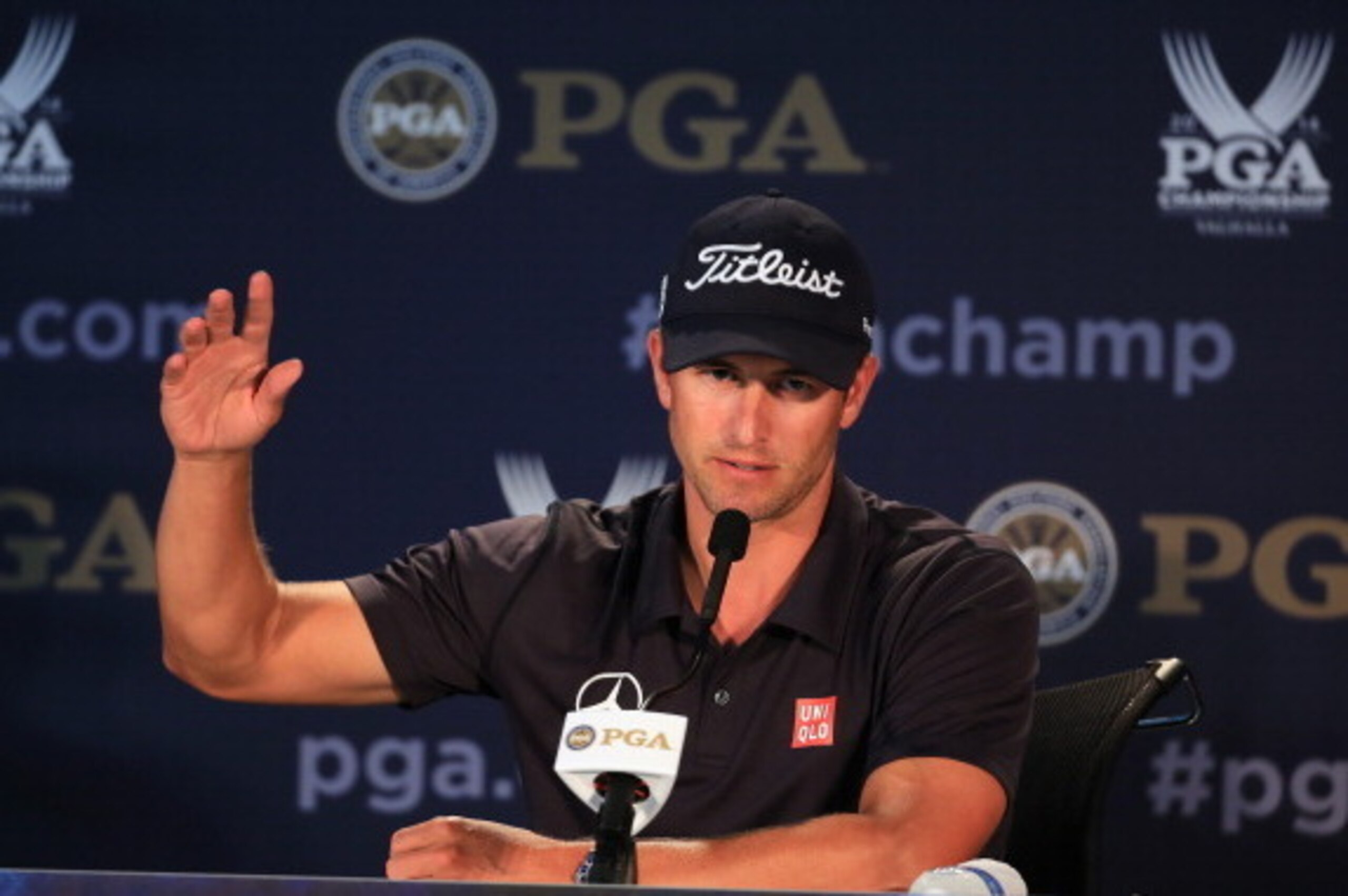 LOUISVILLE, KY - AUGUST 05:  Adam Scott of Australia speaks with the media during a practice round prior to the start of the 96th PGA Championship at Valhalla Golf Club on August 5, 2014 in Louisville, Kentucky.  (Photo by David Cannon/Getty Images)