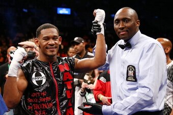 NEW YORK, NY - APRIL 27:  Danny Jacobs is declared the winner in his bout against Keenan Collins during a middleweight fight at Barclays Center on April 27, 2013 in the Brooklyn borough of New York City.  (Photo by Elsa/Getty Images)