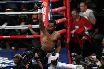 NEW YORK, NY - OCTOBER 20:  Danny Jacobs reacts after knocking out Josh Luteran during their Super Middleweight fight at the Barclays Center on October 20, 2012 in the Brooklyn borough of New York City.  (Photo by Alex Trautwig/Getty Images)