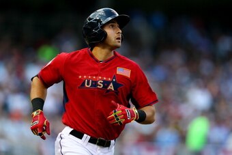 MINNEAPOLIS, MN - JULY 13:  Joey Gallo of the U.S. Team rounds the bases after hitting a home run against the World Team during the SiriusXM All-Star Futures Game at Target Field on July 13, 2014 in Minneapolis, Minnesota.  (Photo by Elsa/Getty Images)
