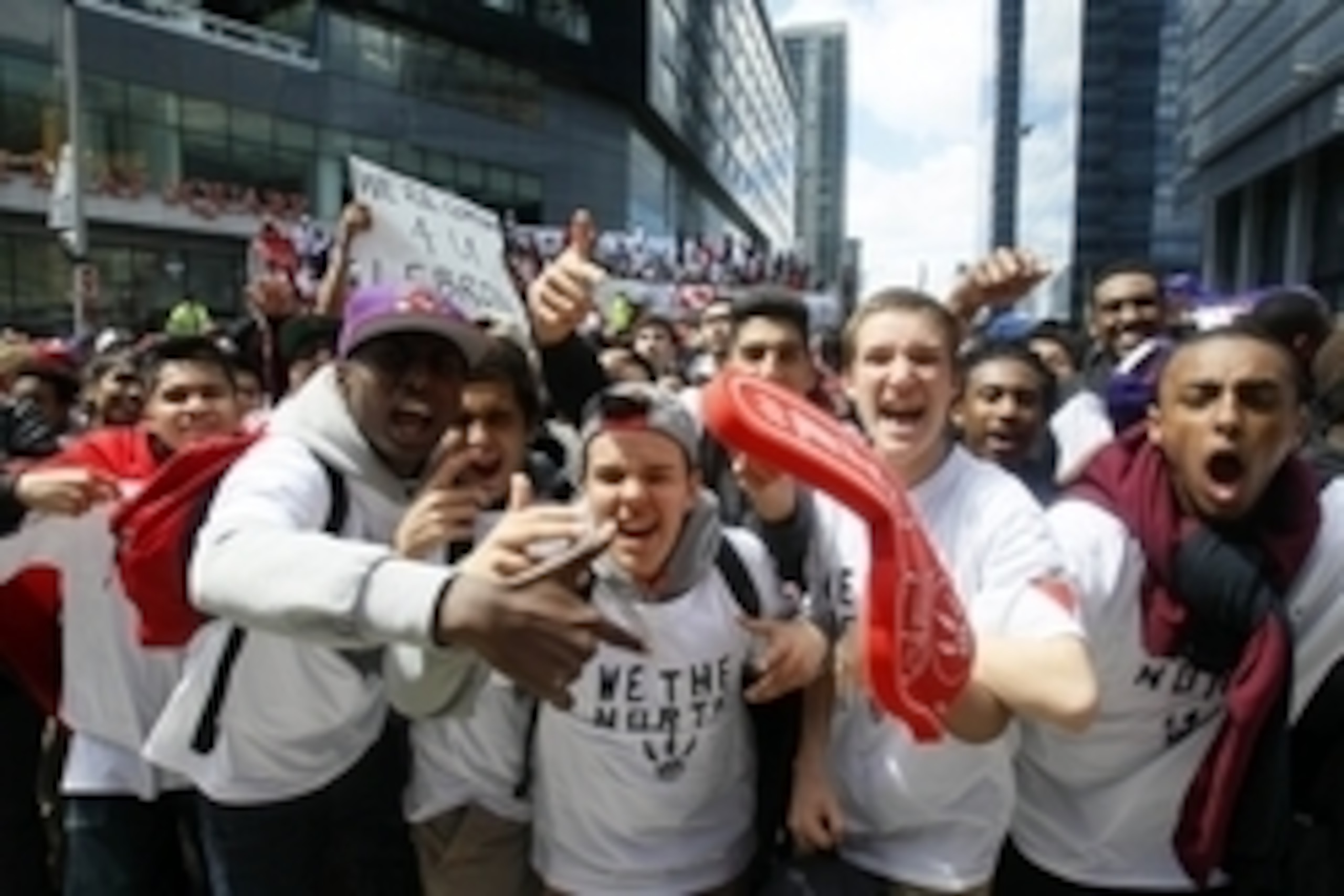 May 4, 2014; Toronto, Ontario, CAN; Toronto Raptors fans in Jurassic Park outside of the Air Canada Centre before game seven of the first round of the 2014 NBA Playoffs against the Brooklyn Nets. Mandatory Credit: John E. Sokolowski-USA TODAY Sports