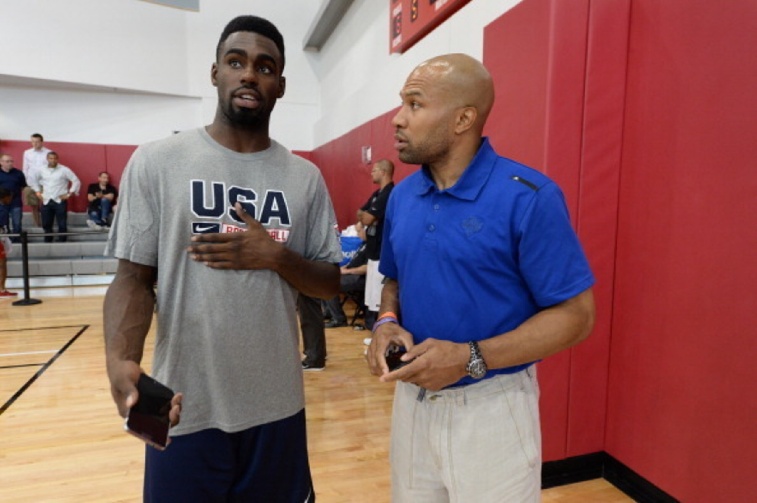 LAS VEGAS, NV - JULY 28: Derek Fisher, Head Coach of the New York Knicks and Tim Hardaway Jr. #5 of the New York Knicks attends the USA Basketball Men's National Team practice at the Mendenhall Center at the University of Nevada, Las Vegas on July 28, 201