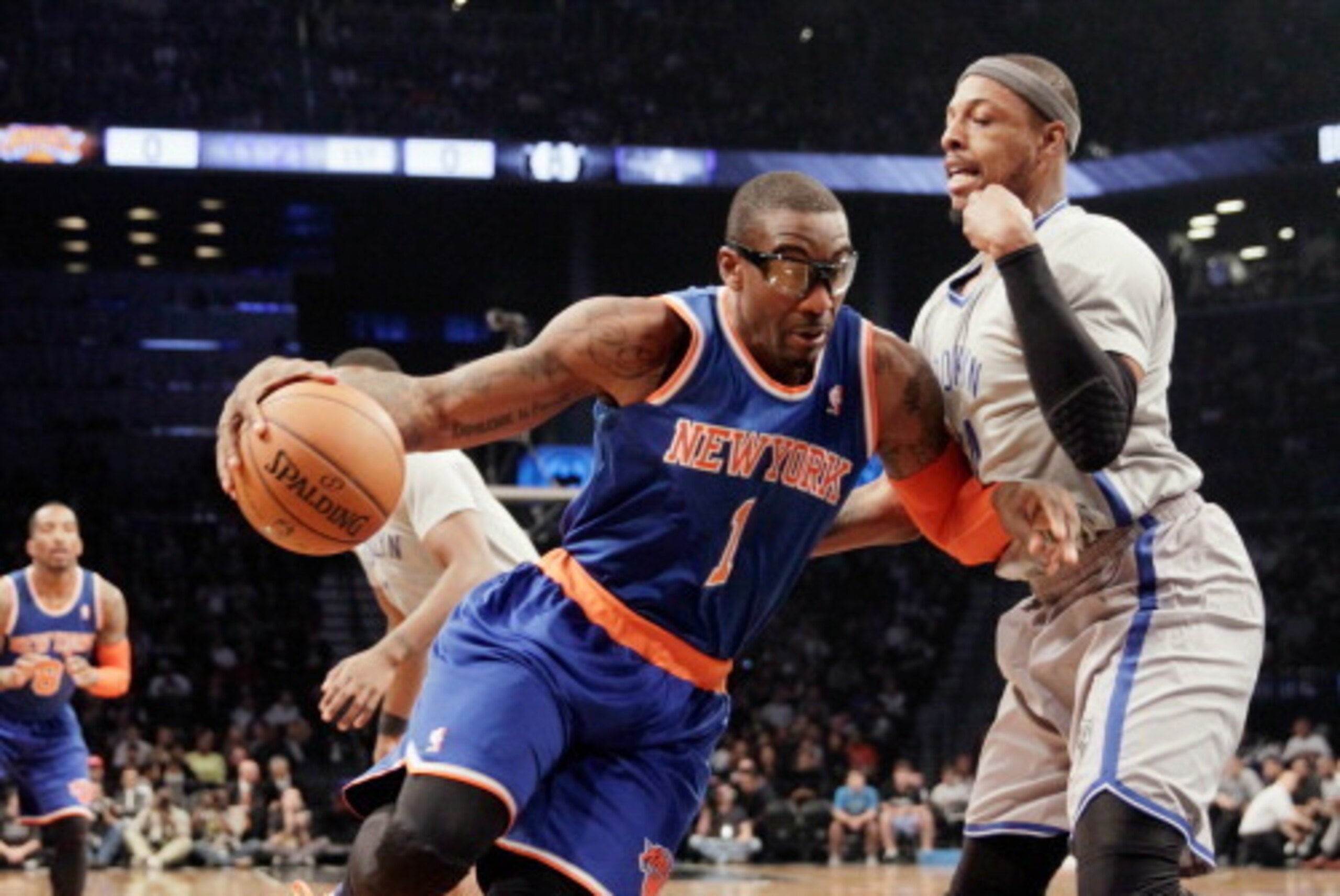 NEW YORK, NY - APRIL 15:  Amar'e Stoudemire #1 of the New York Knicks dribbles the ball against the Brooklyn Nets at the Barclays Center on April 15, 2014 in the Brooklyn borough of New York City. NOTE TO USER: User expressly acknowledges and agrees that,