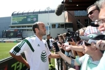 Aug 5, 2014; Portland, OR, USA; Landon Donovan of the Los Angeles Galaxy is interviewed during a training session in advance of the 2014 MLS All Star Game at Providence Park. Mandatory Credit: Jerry Lai-USA TODAY Sports