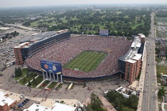 ANN ARBOR, MI - AUGUST 02:  An aerial view of Michigan Stadium during the Guinness International Champions Cup match between Real Madrid and Manchester United at Michigan Stadium on August 2, 2014 in Ann Arbor, Michigan.  (Photo by Leon Halip/Getty Images