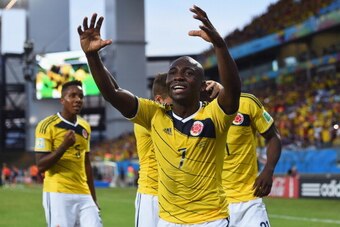 CUIABA, BRAZIL - JUNE 24:  Pablo Armero of Colombia celebrates his team's second goal during the 2014 FIFA World Cup Brazil Group C match between Japan and Colombia at Arena Pantanal on June 24, 2014 in Cuiaba, Brazil.  (Photo by Christopher Lee/Getty Ima