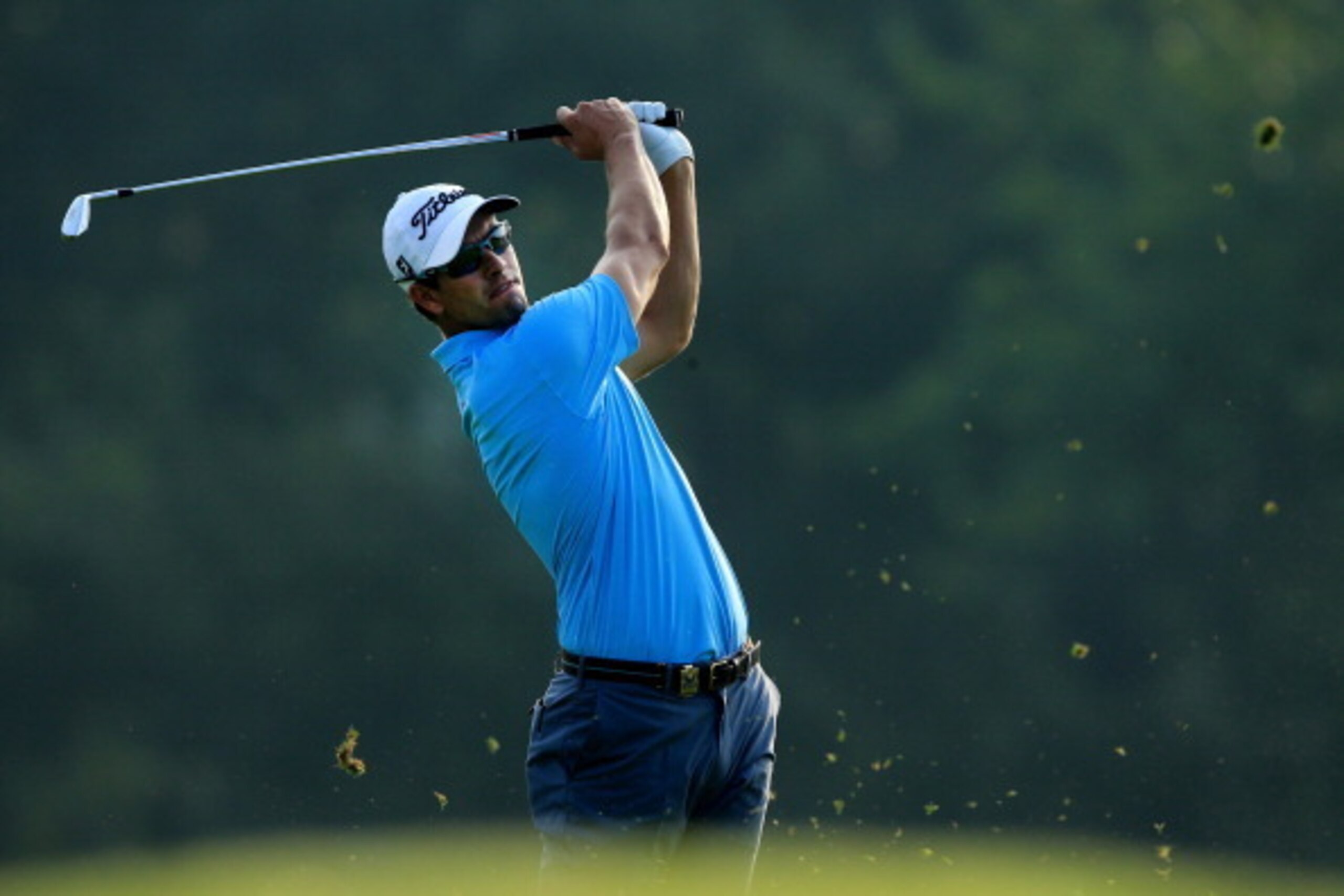 LOUISVILLE, KY - AUGUST 06:  Adam Scott of Australia watches a shot during a practice round prior to the start of the 96th PGA Championship at Valhalla Golf Club on August 6, 2014 in Louisville, Kentucky.  (Photo by David Cannon/Getty Images)