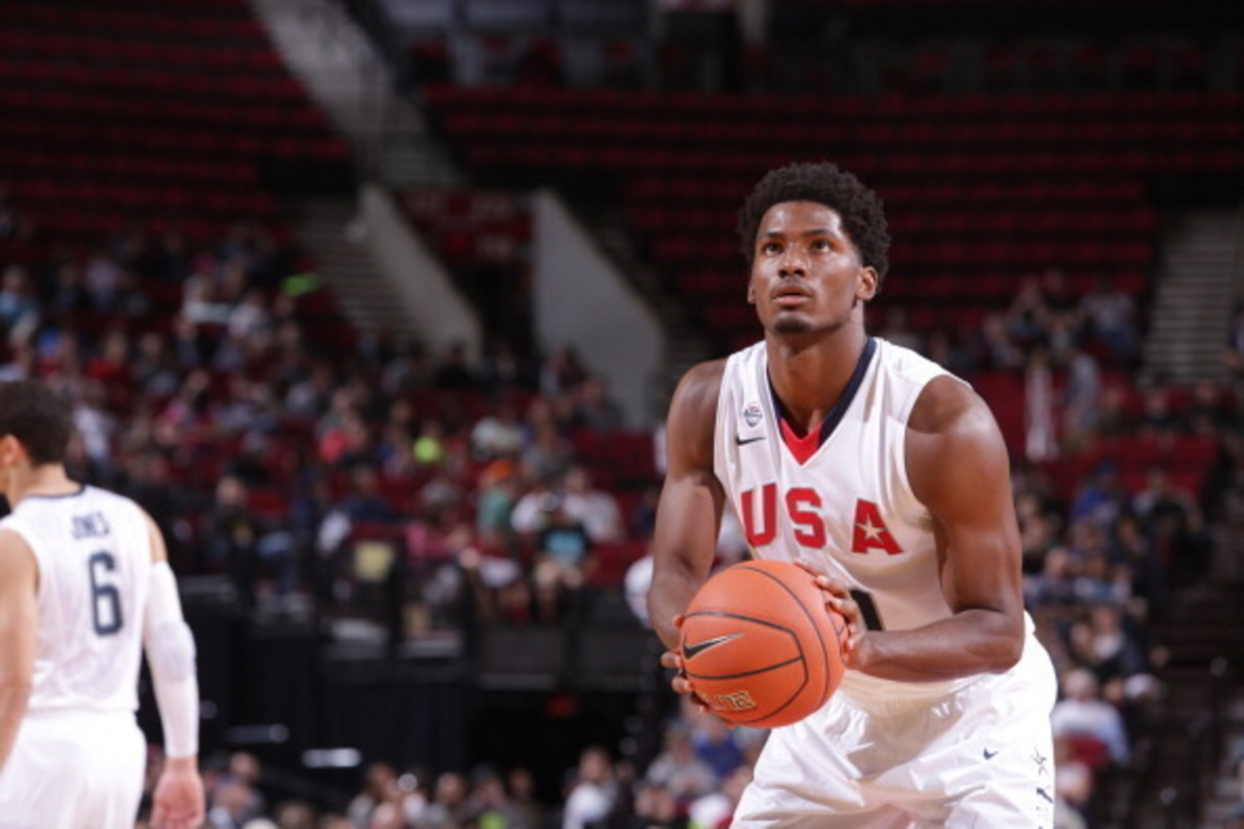 PORTLAND, OR - APRIL 12:  Justise Winslow #10 of Team USA shoots the ball against the World Team on April 12, 2014 at the Moda Center Arena in Portland, Oregon. NOTE TO USER: User expressly acknowledges and agrees that, by downloading and or using this ph