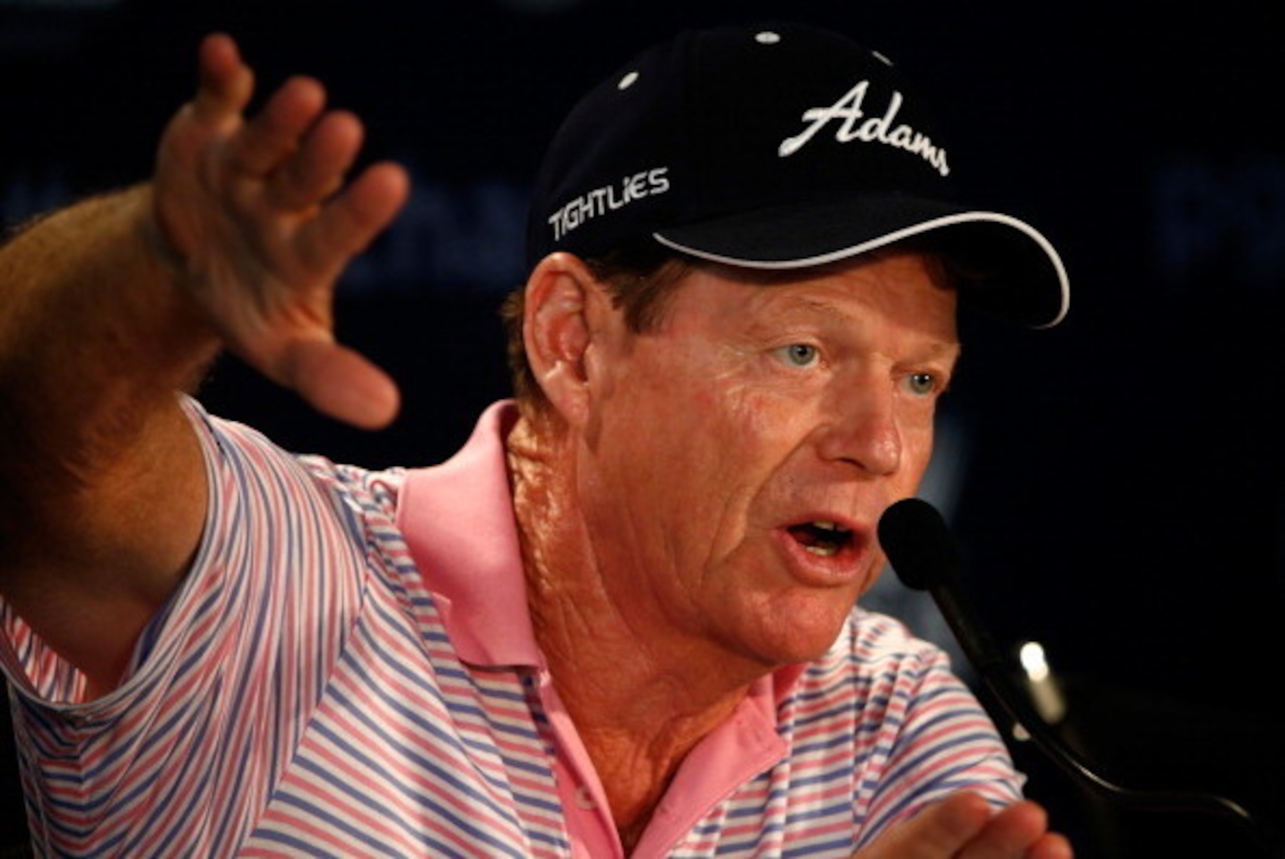 LOUISVILLE, KY - AUGUST 06:  Tom Watson of the United States is interviewed during a press conference prior to the start of the 96th PGA Championship at Valhalla Golf Club on August 6, 2014 in Louisville, Kentucky.  (Photo by Sam Greenwood/Getty Images)