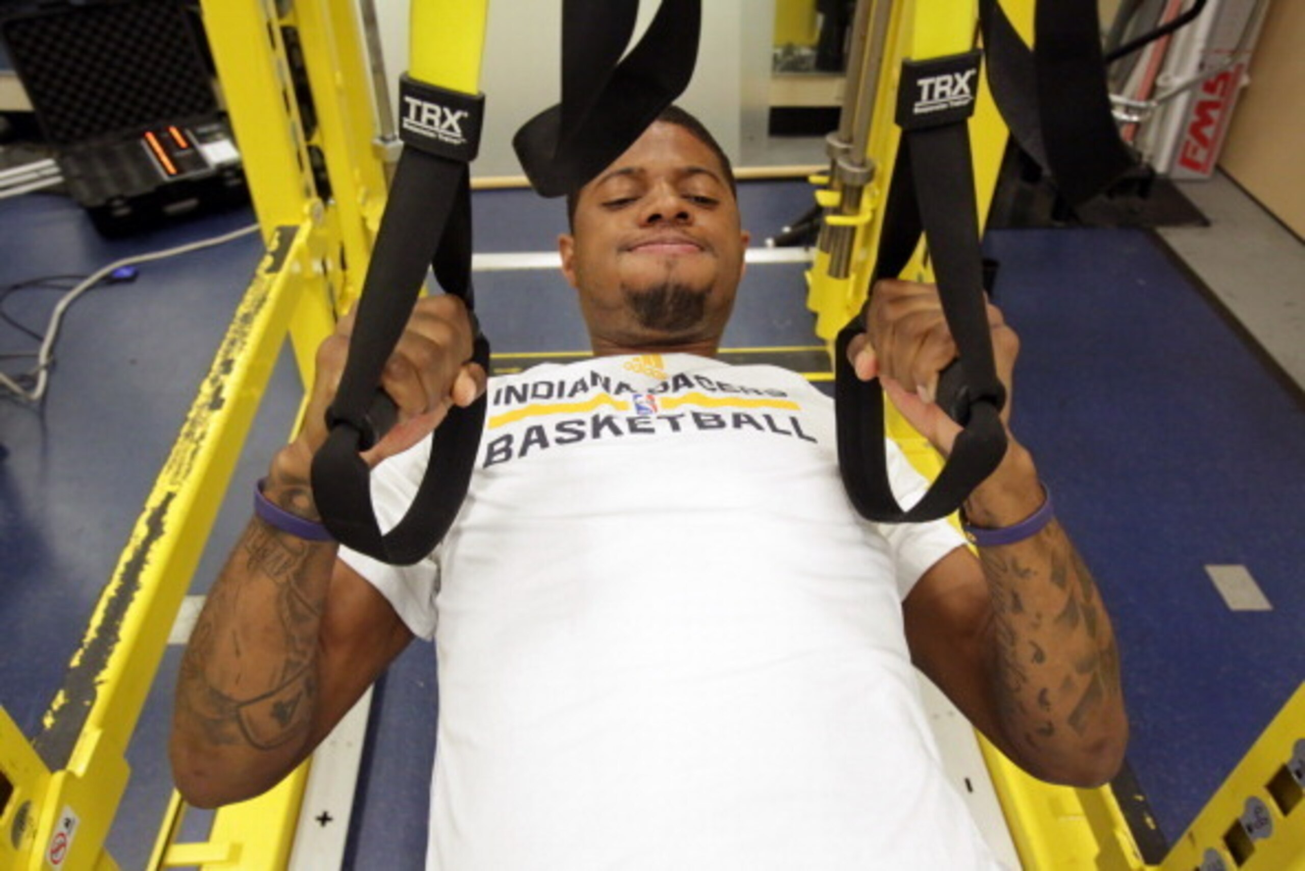 INDIANAPOLIS - MAY 28:  Paul George #24 of the Indiana Pacers warms up before the game against the Miami Heat in Game Five of the East Conference Finals at Bankers Life Fieldhouse on May 28, 2014 in Indianapolis, Indiana.  NOTE TO USER: User expressly ack