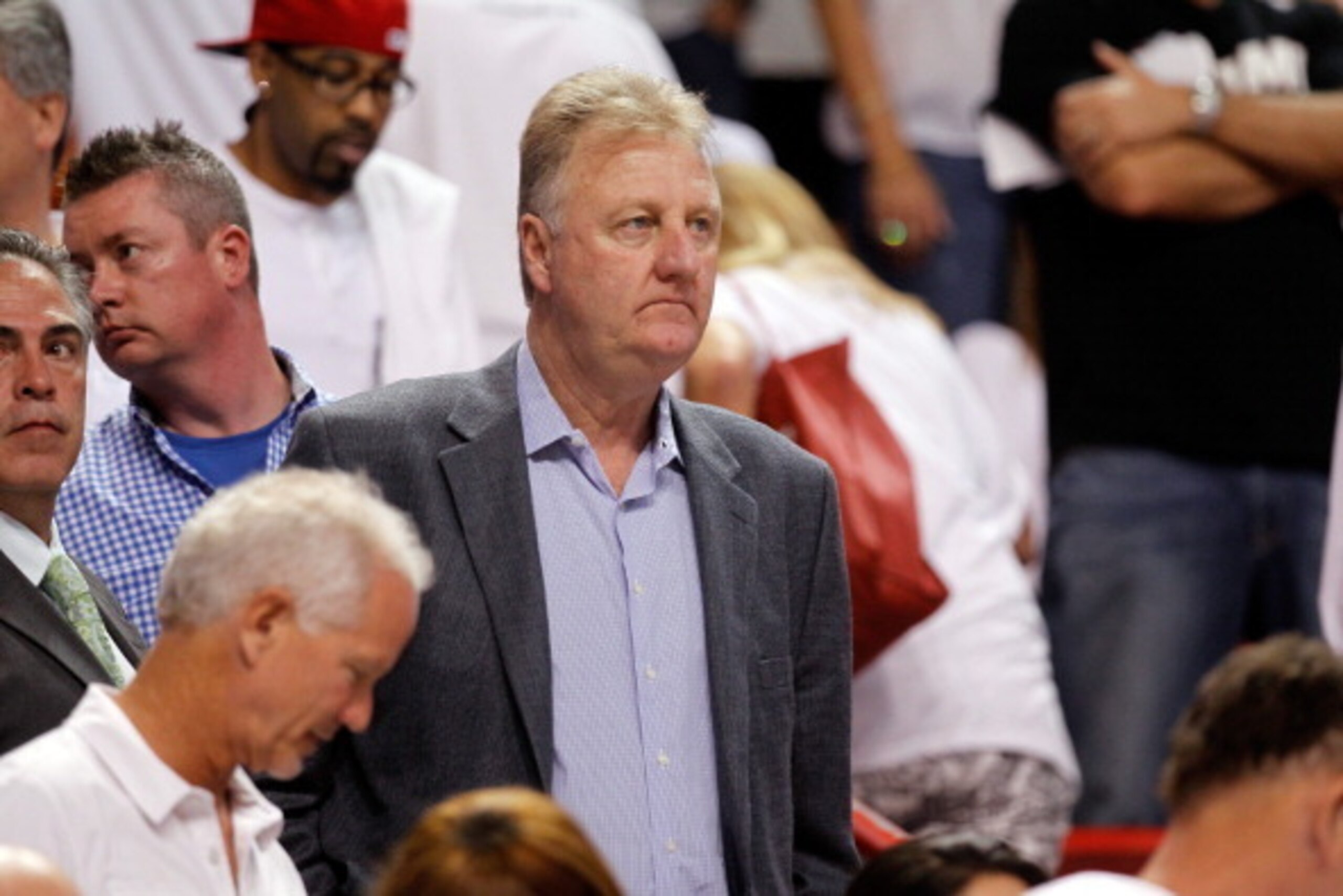 MIAMI, FL - MAY 24:  Team President Larry Bird of the Indiana Pacers looks on against the Miami Heat during Game Three of the Eastern Conference Finals of the 2014 NBA Playoffs at American Airlines Arena on May 24, 2014 in Miami, Florida.  (Photo by Mike 