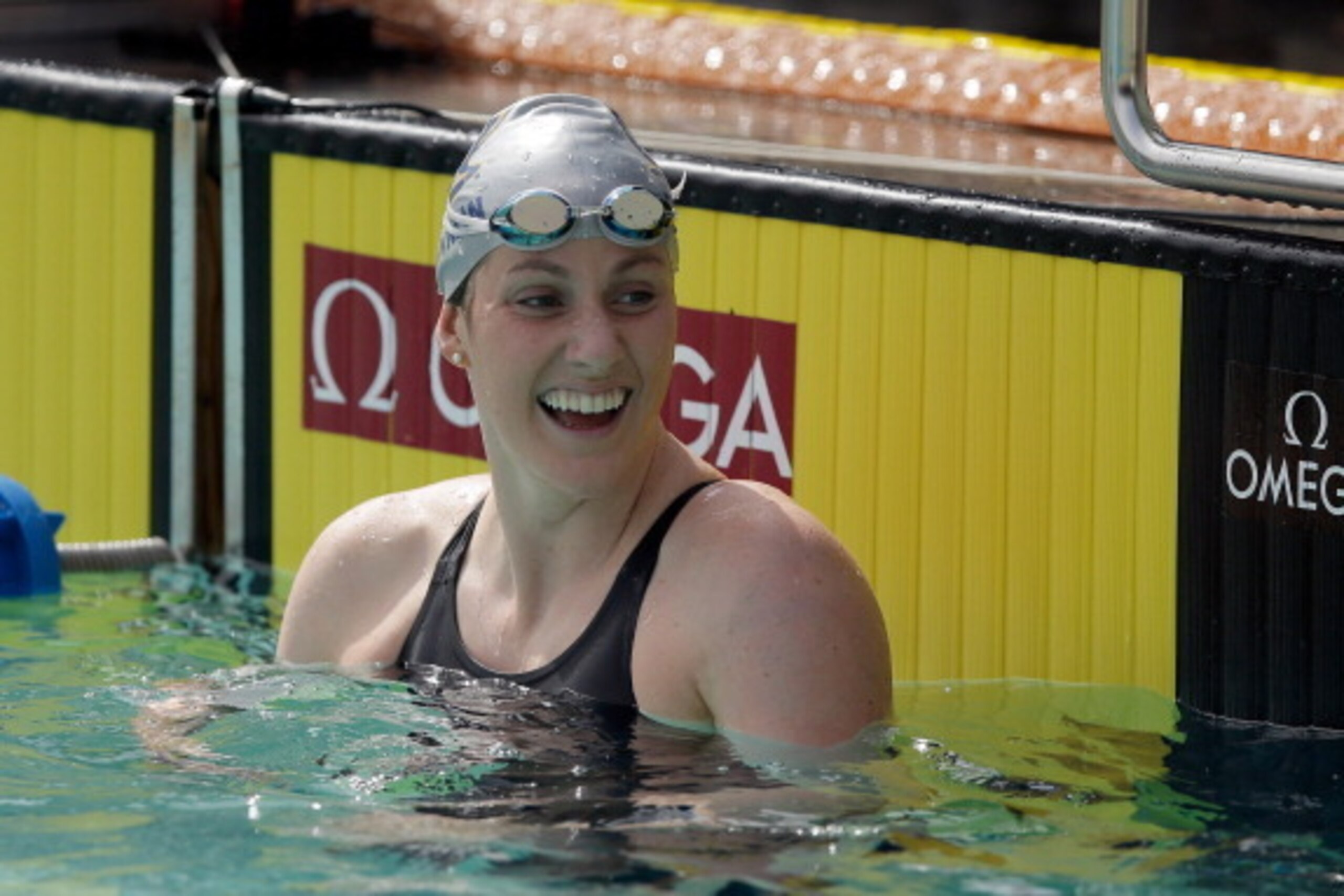 SANTA CLARA, CA - JUNE 21:  Missy Franklin smiles after the women's 200 meter freestyle preliminaries during the 2014 Arena Grand Prix of Santa Clara at the George F. Haines International Swim Center on June 21, 2014 in Santa Clara, California.  (Photo by