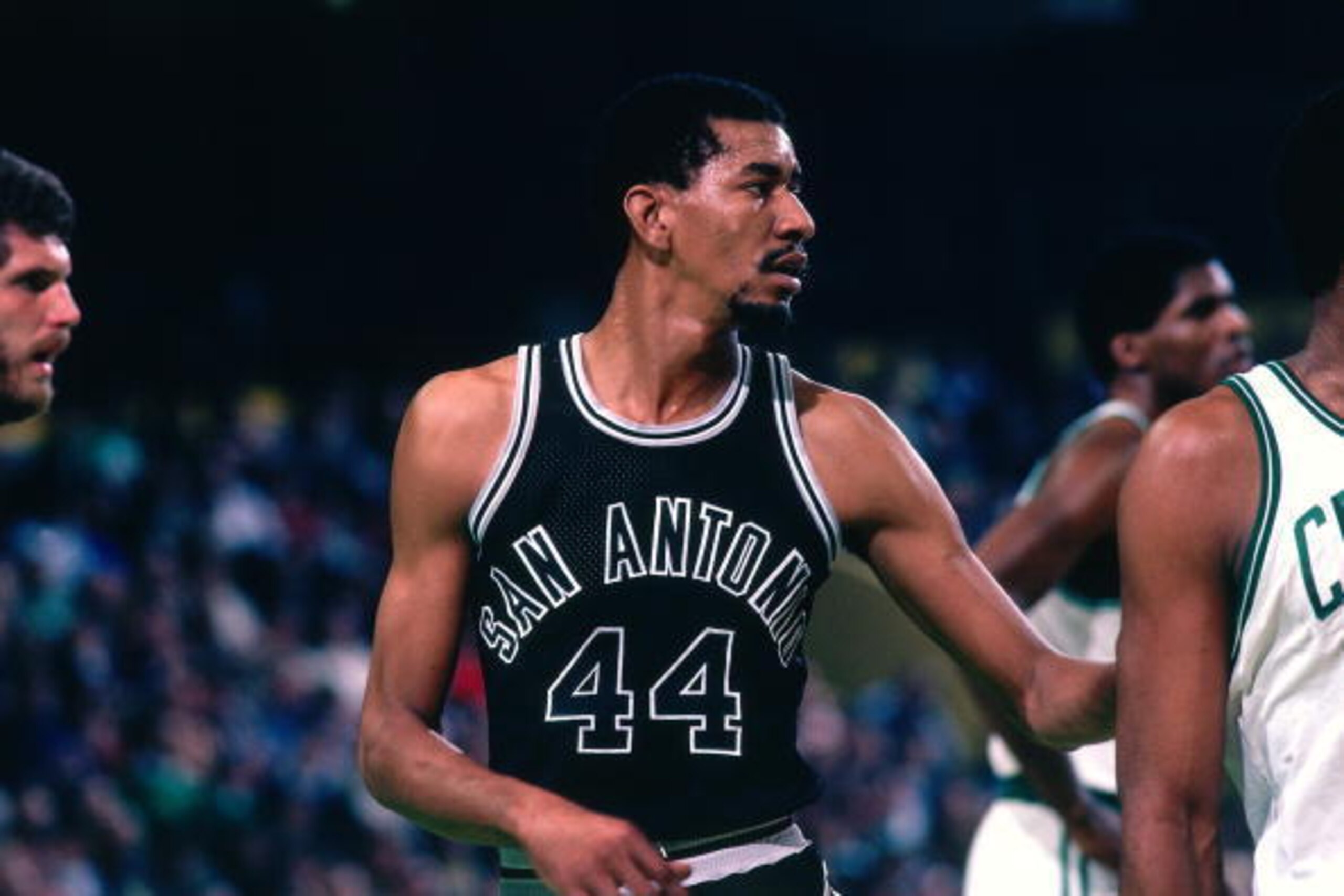 BOSTON - 1982:  George Gervin #44 of the San Antonio Spurs looks on against the Boston Celtics during a game played in 1982 at the Boston Garden in Boston, Massachusetts. NOTE TO USER: User expressly acknowledges and agrees that, by downloading and or usi
