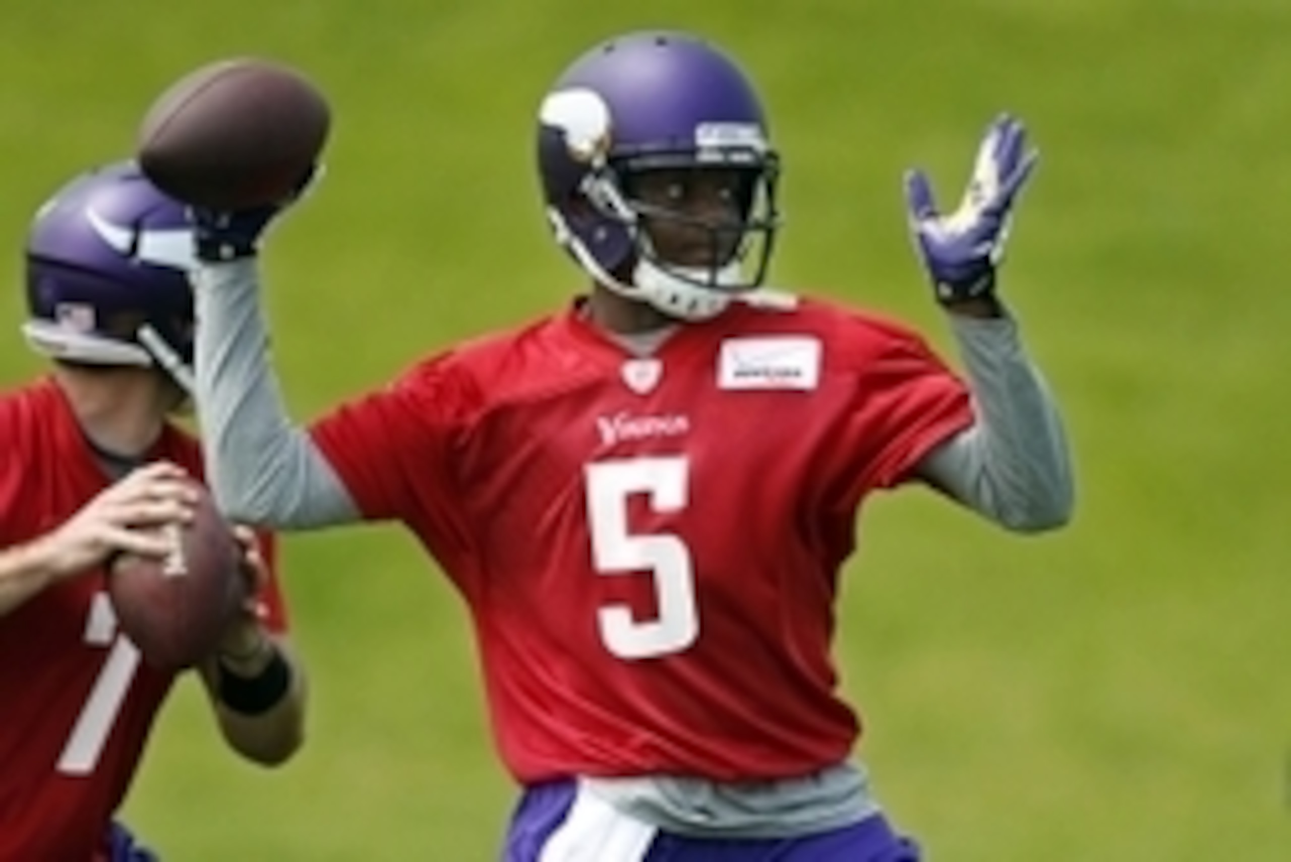 Jun 17, 2014; Eden Prairie, MN, USA; Minnesota Vikings quarterback Teddy Bridgewater (5) throws in drills at Winter Park. Mandatory Credit: Bruce Kluckhohn-USA TODAY Sports