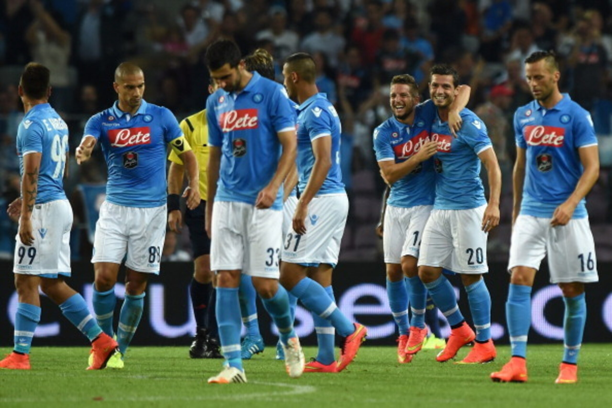 GENEVA, SWITZERLAND - AUGUST 06:  Blerim Dzemaili #20 of SSC Napoli celebrates the opening goal during the pre-season friendly match between FC Barcelona and SSC Napoli on August 6, 2014 in Geneva, Switzerland.  (Photo by Valerio Pennicino/Getty Images)