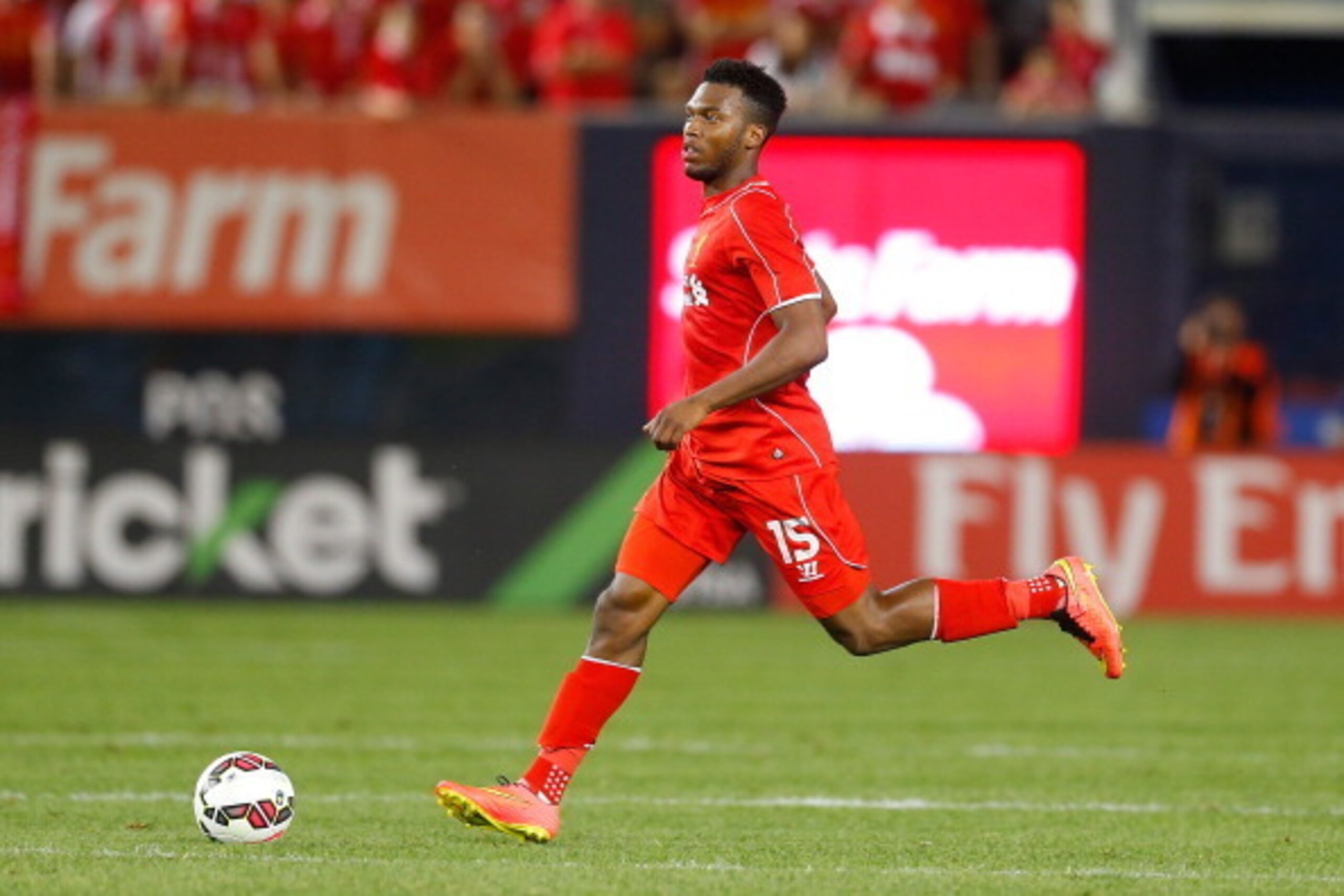 NEW YORK, NY - JULY 30:  Daniel Sturridge #15 of Liverpool in action against Manchester City during the International Champions Cup 2014 at Yankee Stadium on July 30, 2014 in the Bronx borough of New York City.  (Photo by Mike Stobe/Getty Images)